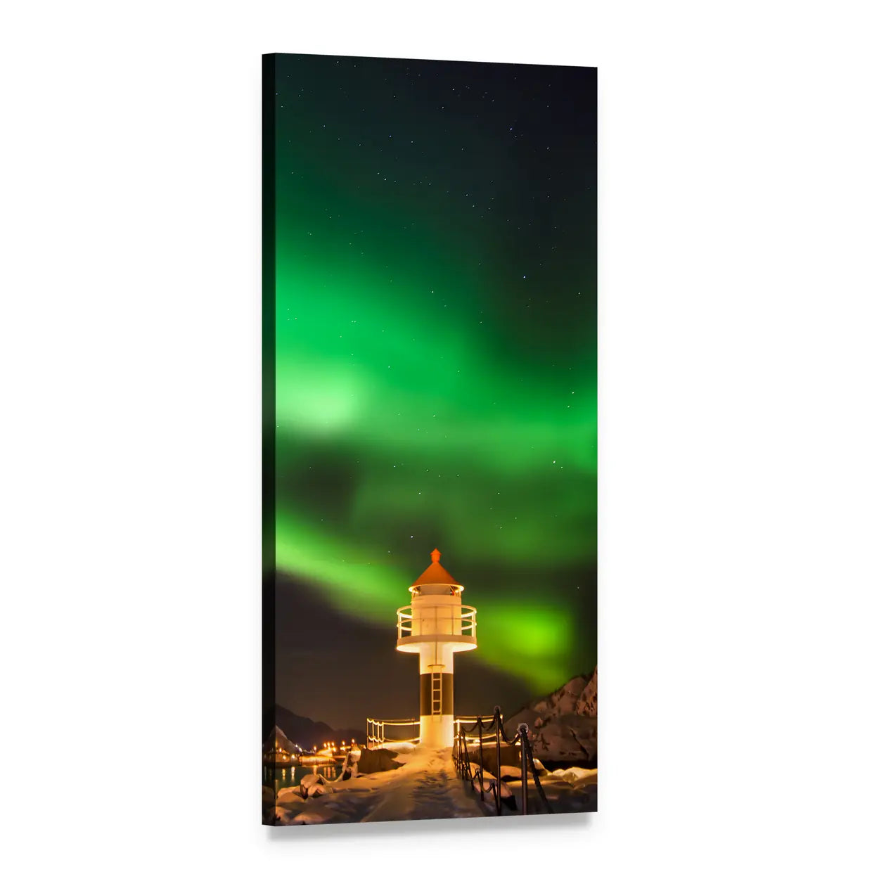 Aurora Over Lofoten Lighthouse Vertical Canvas Wall Art, 1 panel 1 Vertical layout gallery wrapped canvas set, angled product view