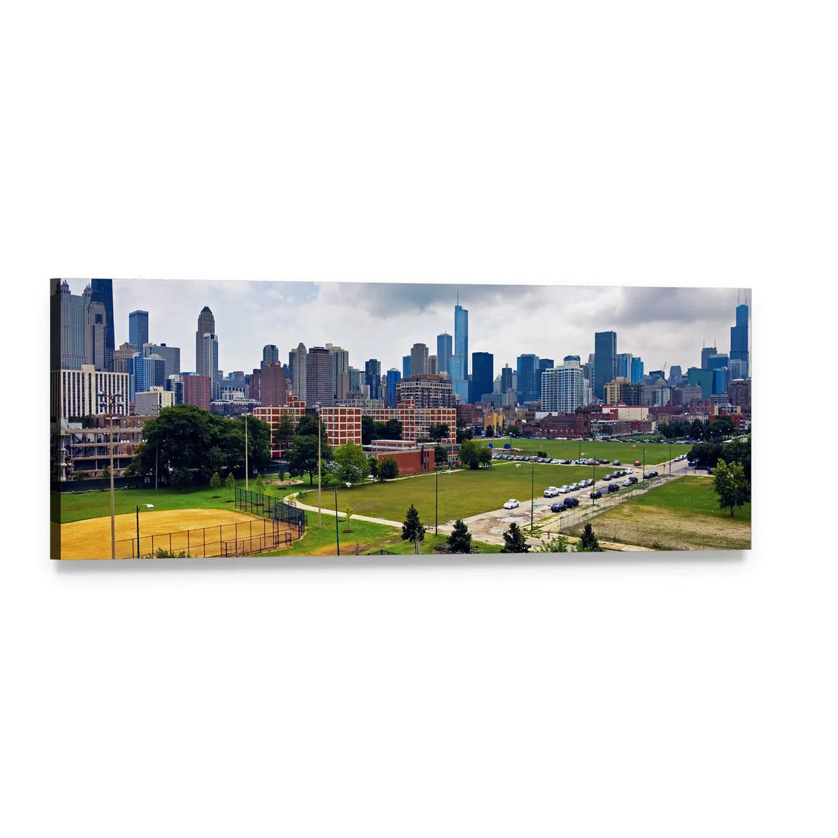 Cloudy Day in Chicago Panoramic Canvas Wall Art, single panel gallery wrapped canvas, angled product view