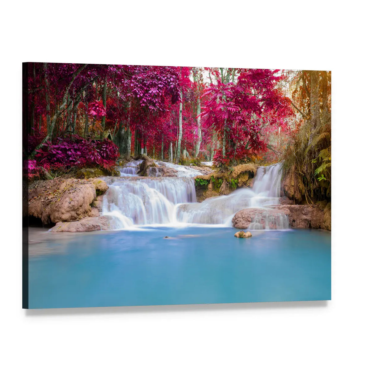 Rainforest Waterfall with Turquoise Lagoon Canvas Wall Art, single panel gallery wrapped canvas, angled product view