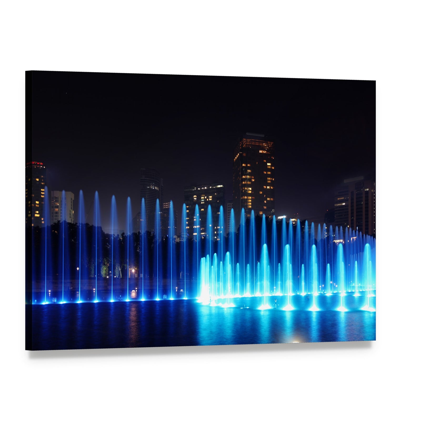 Nighttime Dancing Fountains in Kuala Lumpur Canvas Wall Art, single panel gallery wrapped canvas, angled product view