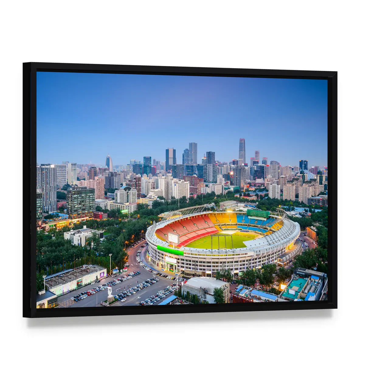 Stadium In Beijing Cityscape Canvas Wall Art, framed canvas in a black floater frame, angled product view