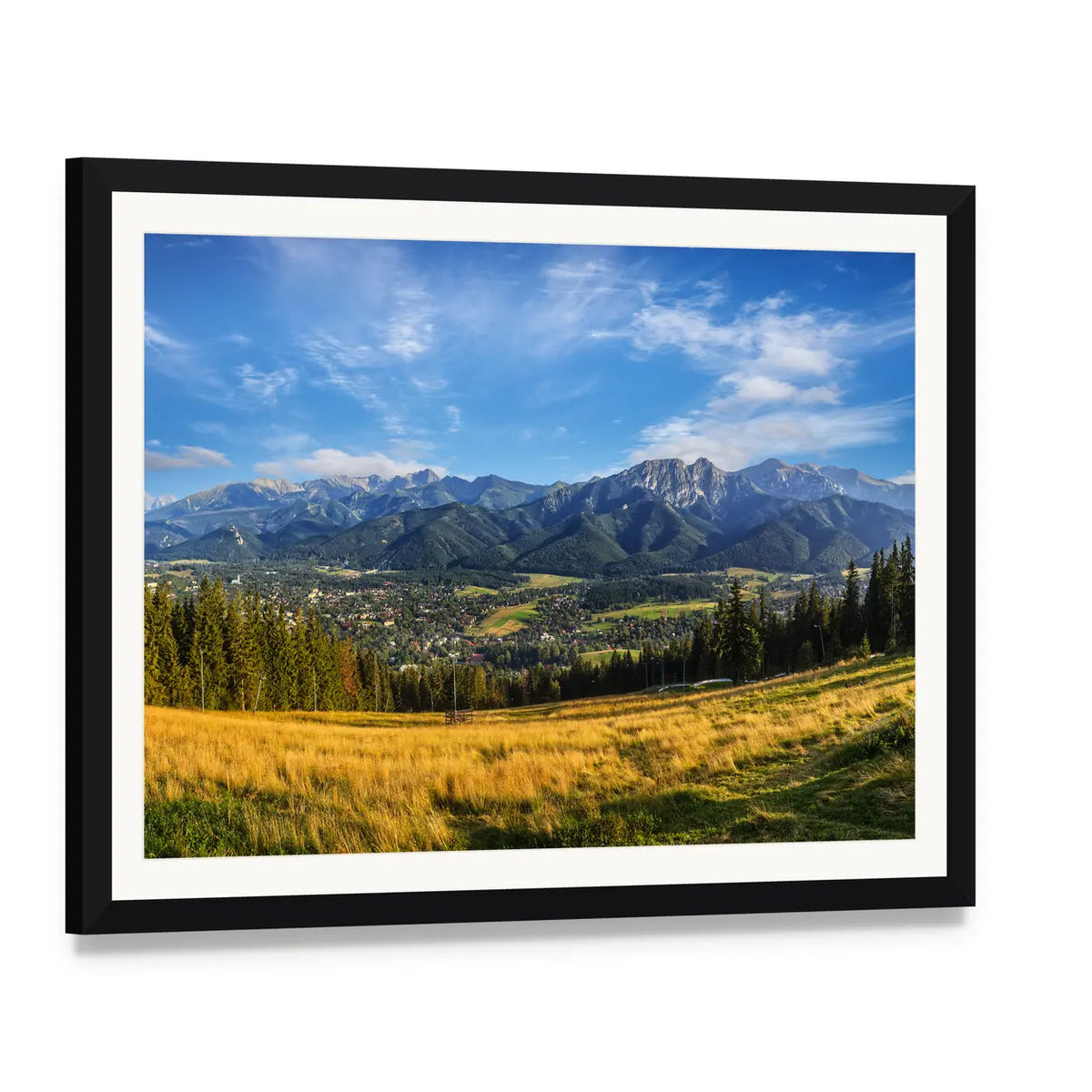 Snow-capped Peaks Above Golden Meadow Canvas Wall Art, framed print with white mat and black frame, angled product view
