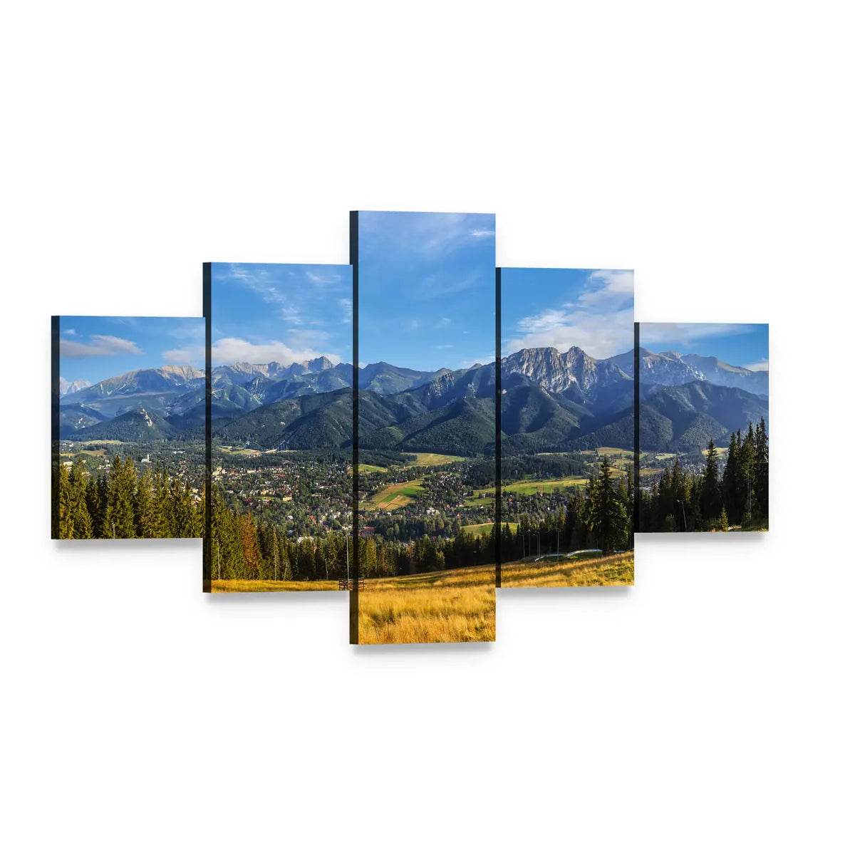 Snow-capped Peaks Above Golden Meadow Canvas Wall Art, 5 panel 5 Star layout gallery wrapped canvas set, angled product view