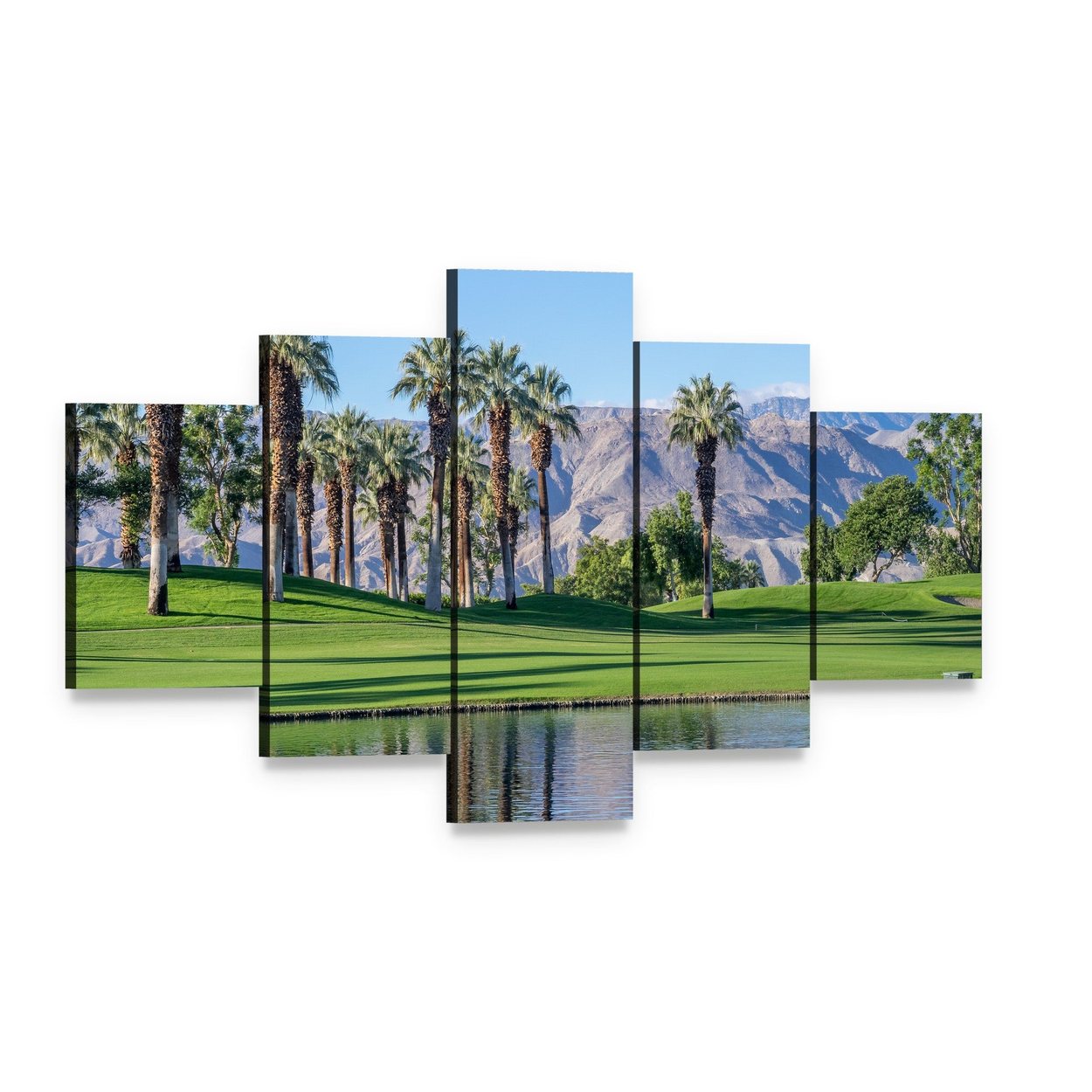 Palms Reflecting in Water Canvas Wall Art, 5 panel 5 Star layout gallery wrapped canvas set, angled product view