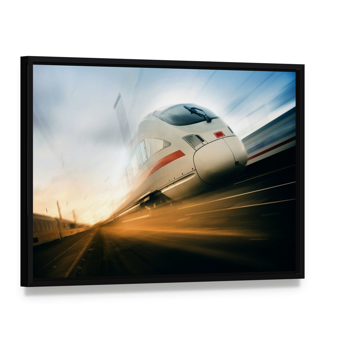 Fast Moving Train Canvas Wall Art, framed canvas in a black floater frame, angled product view