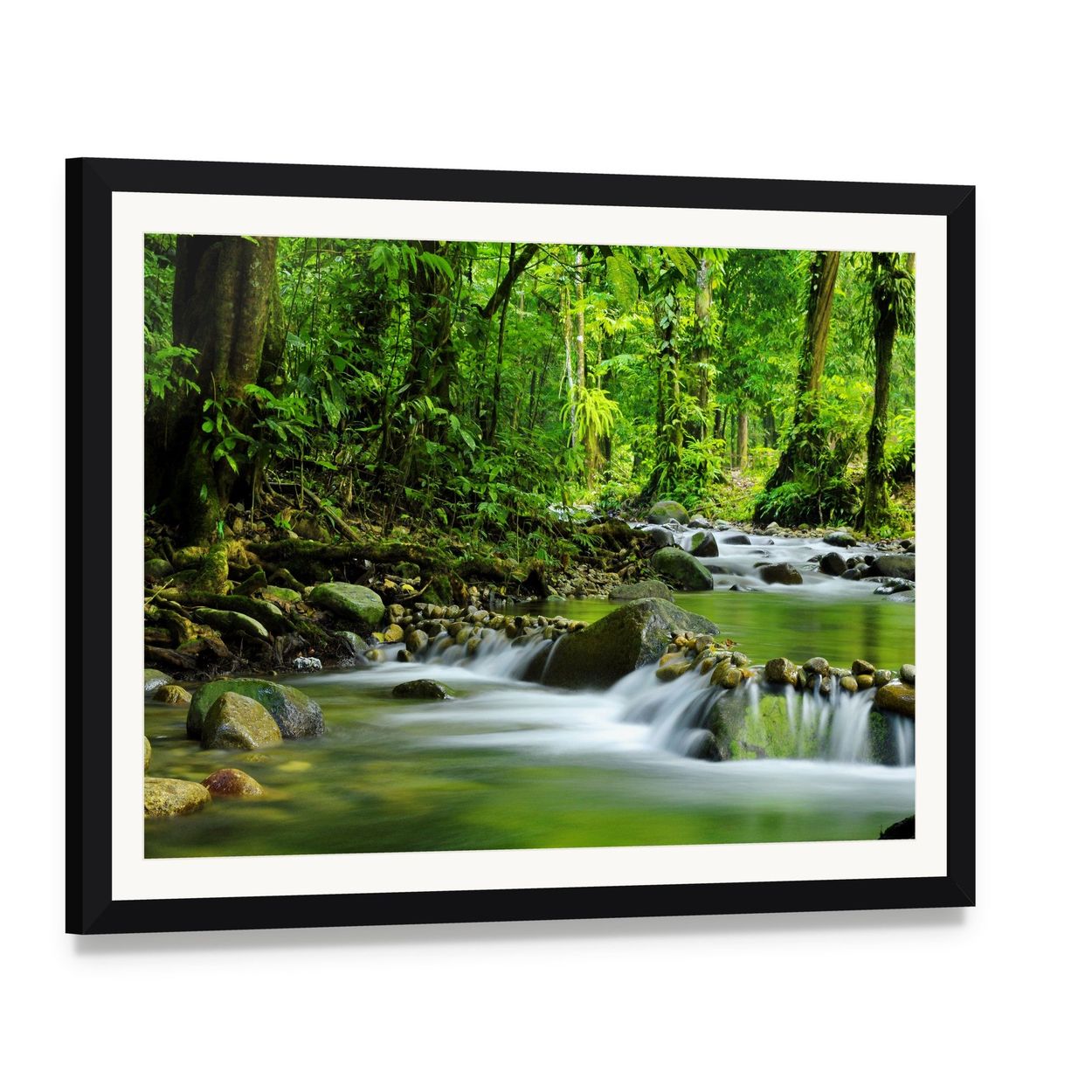 Mountain Stream in Tropical Forest Canvas Wall Art, framed print with white mat and black frame, angled product view