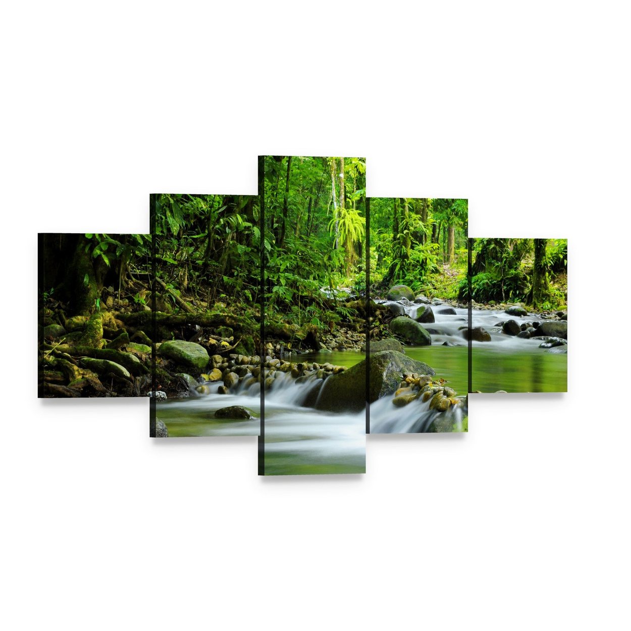 Mountain Stream in Tropical Forest Canvas Wall Art, 5 panel 5 Star layout gallery wrapped canvas set, angled product view