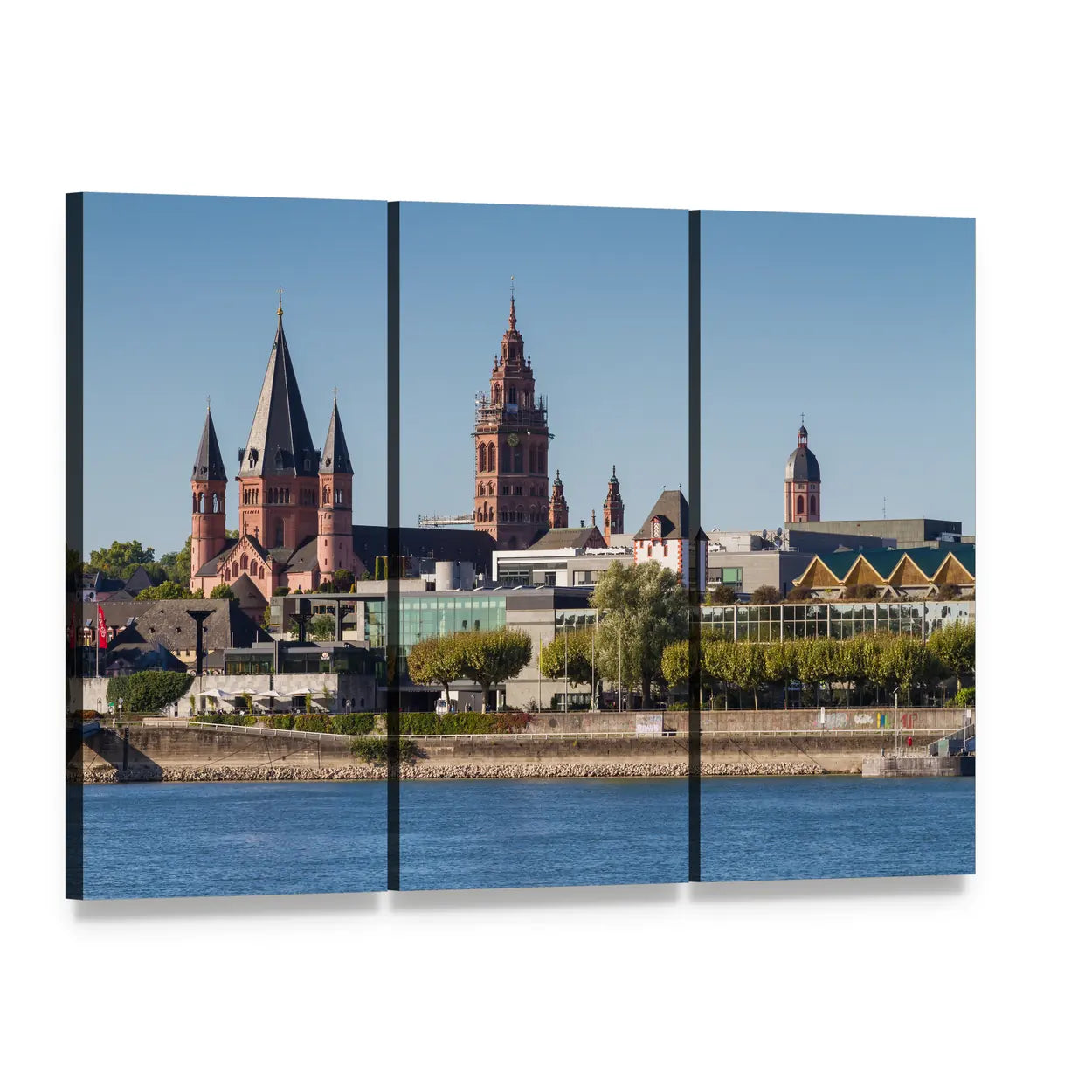 Mainz Cathedral on the Riverfront Canvas Wall Art, 3 panel 3 Horizontal layout gallery wrapped canvas set, angled product view