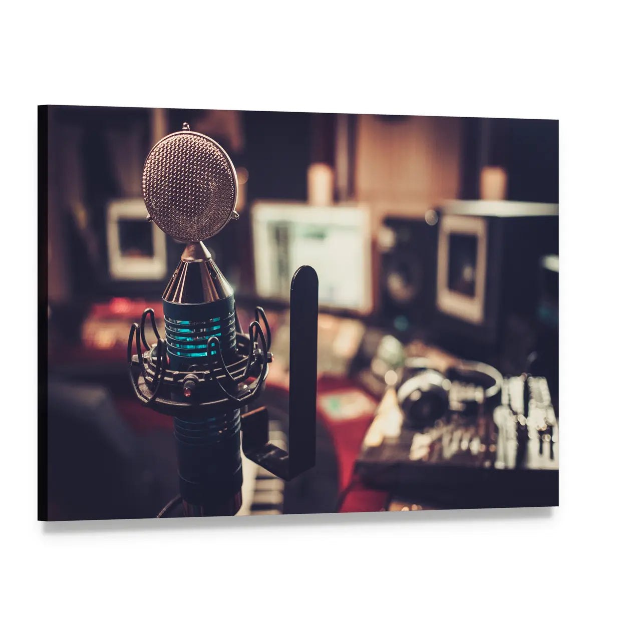 Studio Microphone with Cyan Glow Canvas Wall Art, single panel gallery wrapped canvas, angled product view