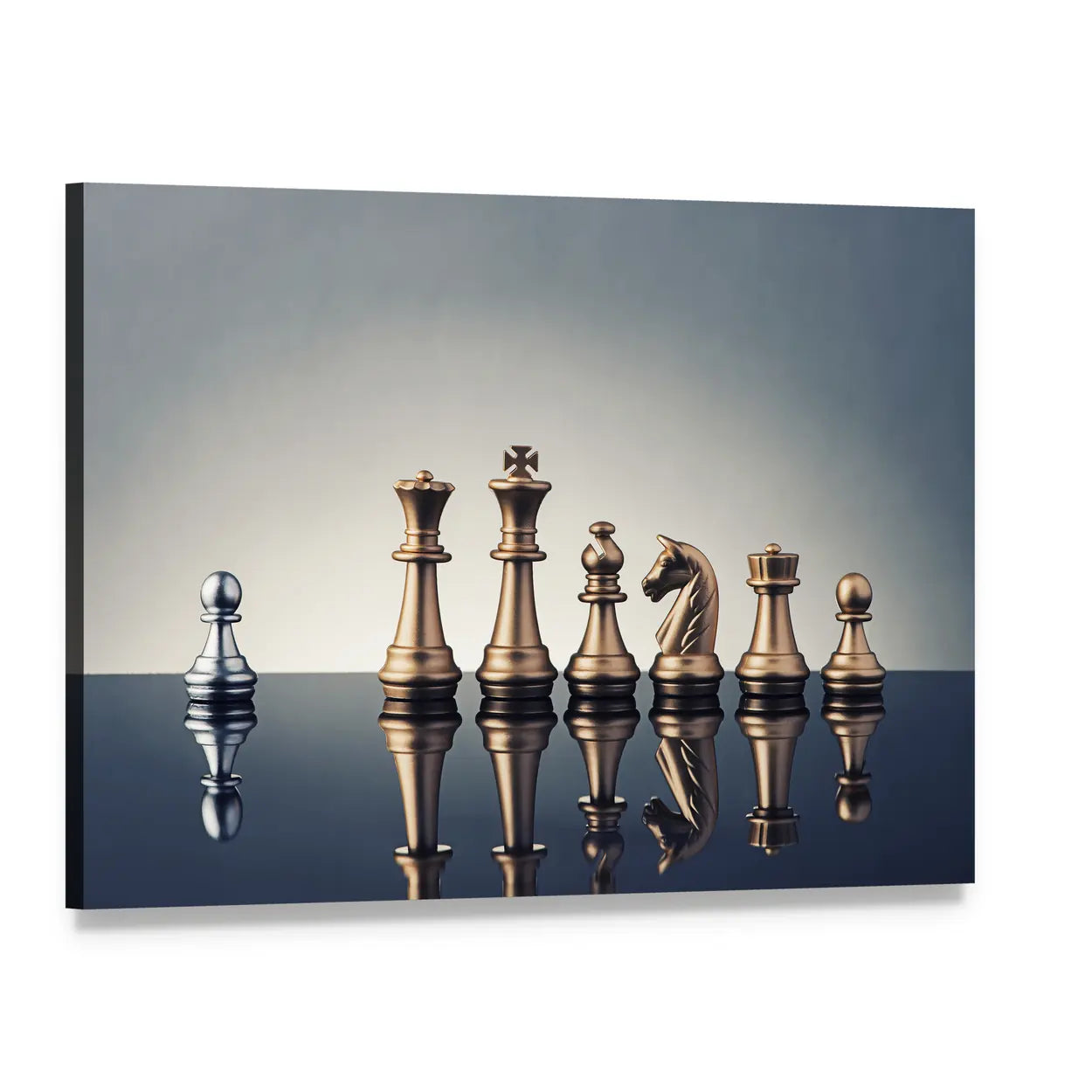 Silver Pawn Among Gold Chess Pieces Canvas Wall Art, single panel gallery wrapped canvas, angled product view