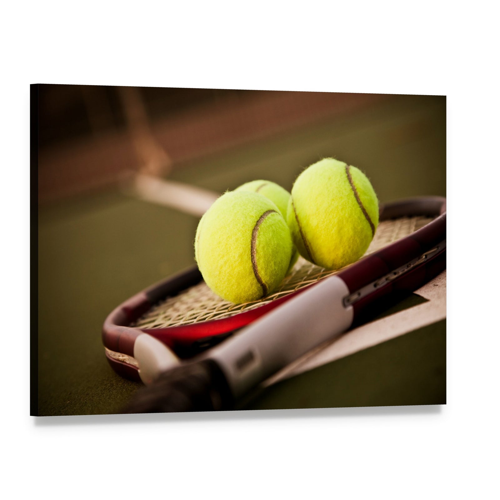 Tennis Balls on Racket Canvas Wall Art, single panel gallery wrapped canvas, angled product view
