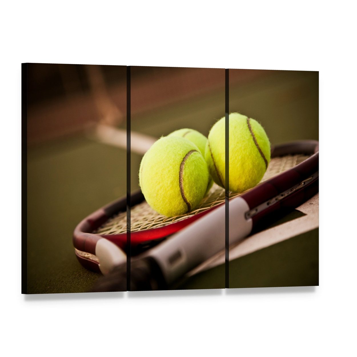 Tennis Balls on Racket Canvas Wall Art, 3 panel 3 Horizontal layout gallery wrapped canvas set, angled product view