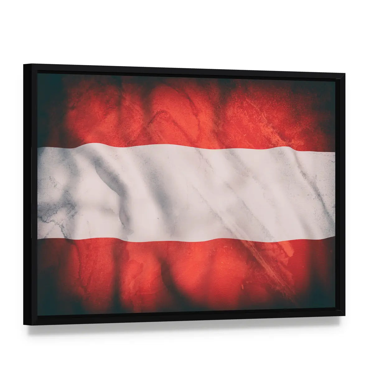Waving Austrian Flag Canvas Wall Art, framed canvas in a black floater frame, angled product view