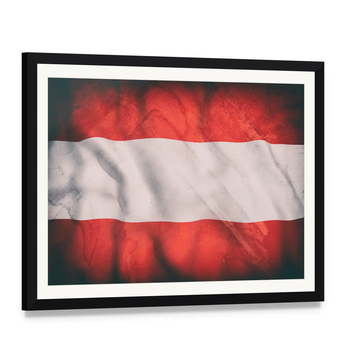 Waving Austrian Flag Canvas Wall Art, framed print with white mat and black frame, angled product view