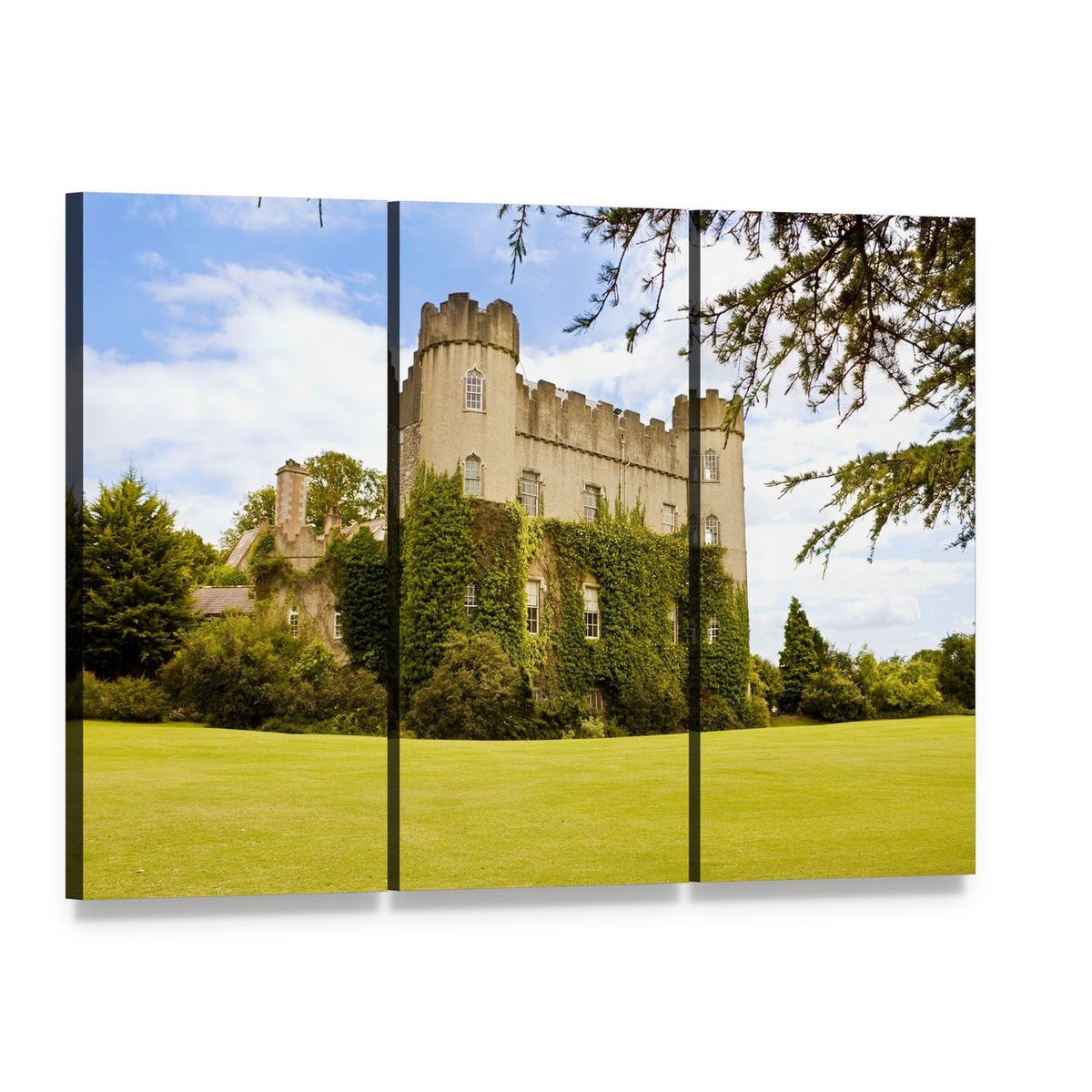 Ivy-covered Medieval Irish Castle Canvas Wall Art, 3 panel 3 Horizontal layout gallery wrapped canvas set, angled product view