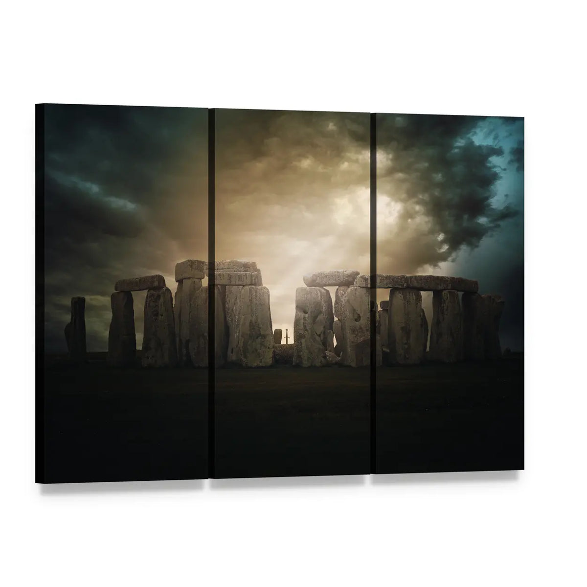 Backlit Stonehenge with Sunlit Clouds Canvas Wall Art, 3 panel 3 Horizontal layout gallery wrapped canvas set, angled product view
