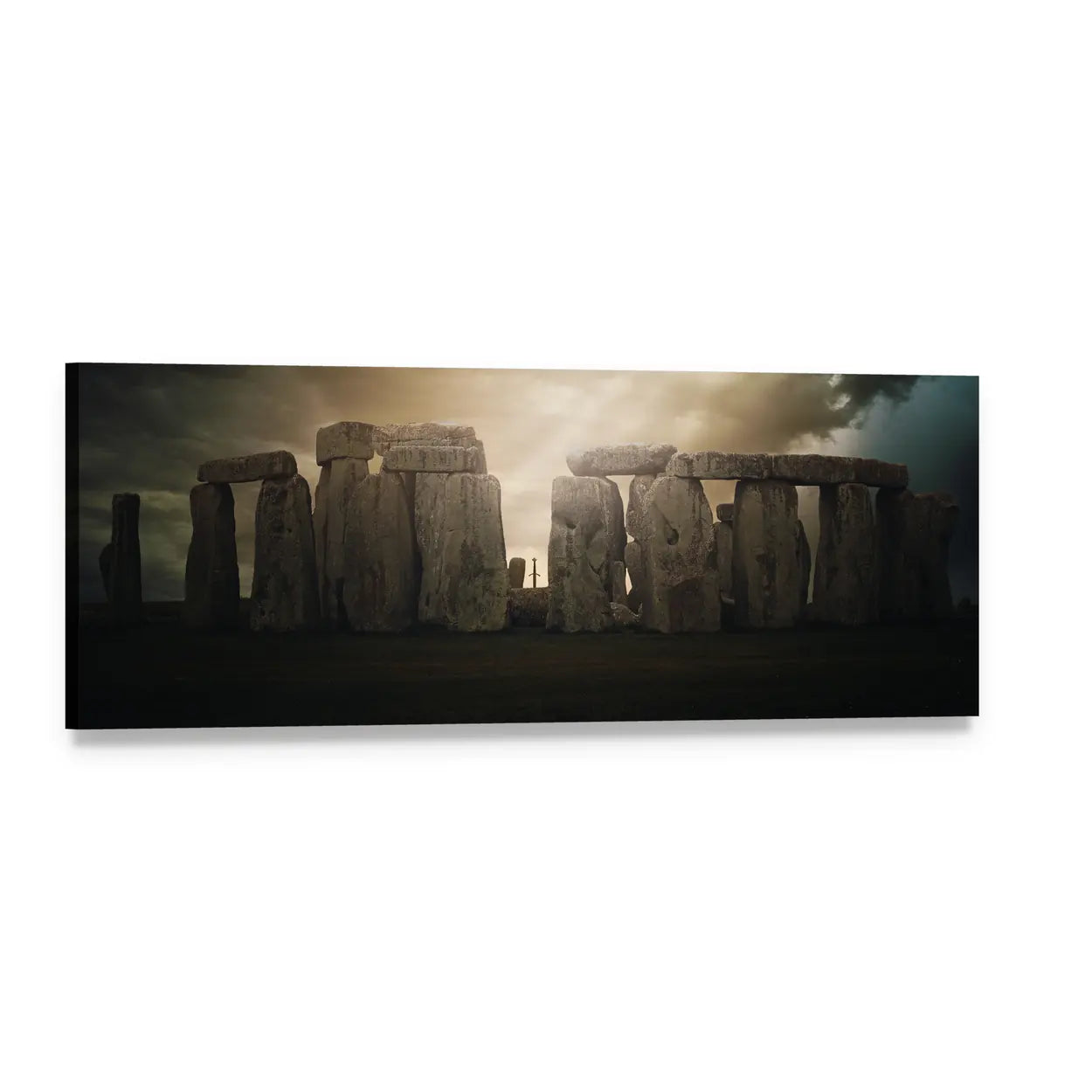 Dramatic Clouds Over Stonehenge Panoramic Canvas Wall Art, single panel gallery wrapped canvas, angled product view