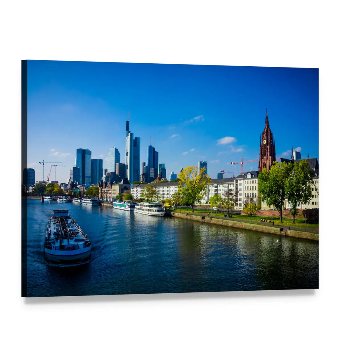 Frankfurt Skyline with River Barges Canvas Wall Art, single panel gallery wrapped canvas, angled product view
