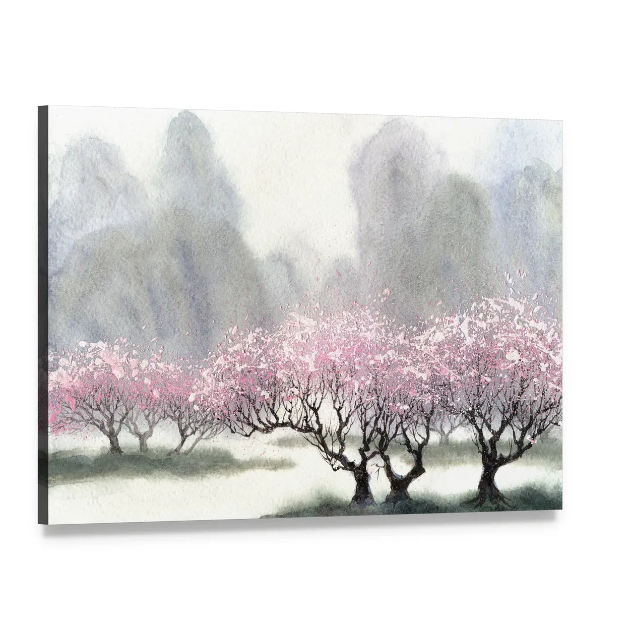 Misty Spring Cherry Blossom Orchard Canvas Wall Art, single panel gallery wrapped canvas, angled product view