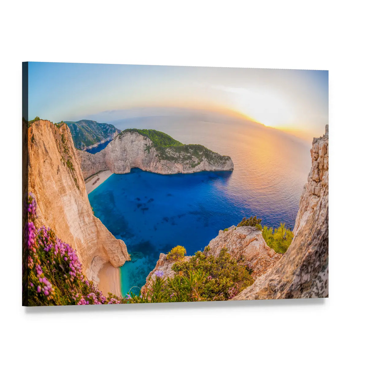Navagio Beach Shipwreck at Sunset Canvas Wall Art, single panel gallery wrapped canvas, angled product view
