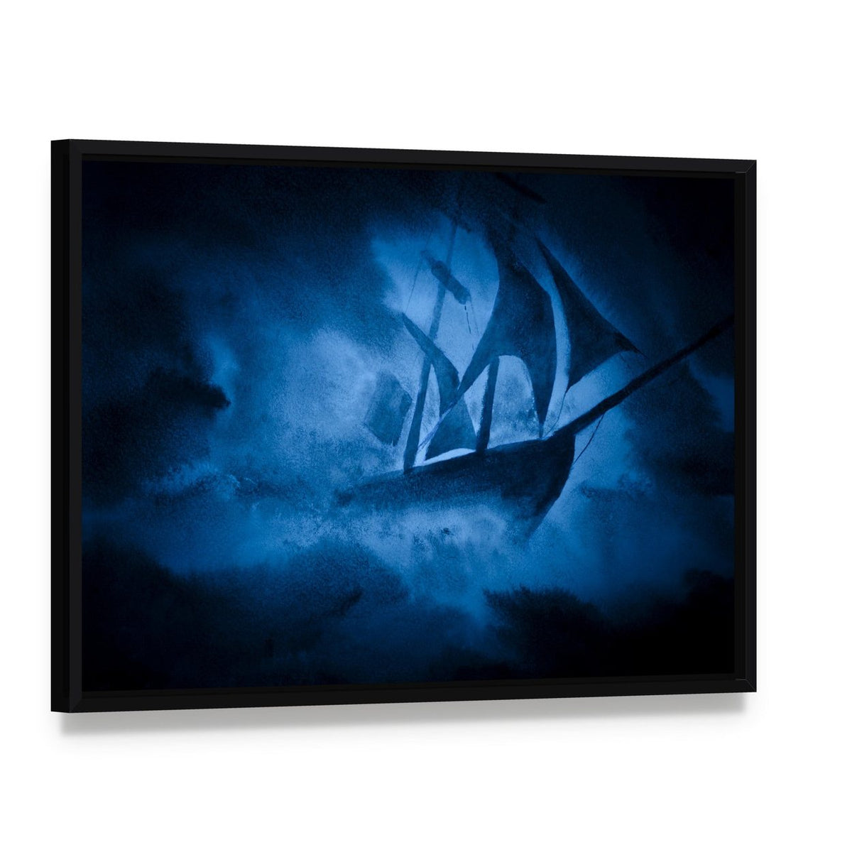 Tall Ship in Sea Storm Canvas Wall Art, framed canvas in a black floater frame, angled product view