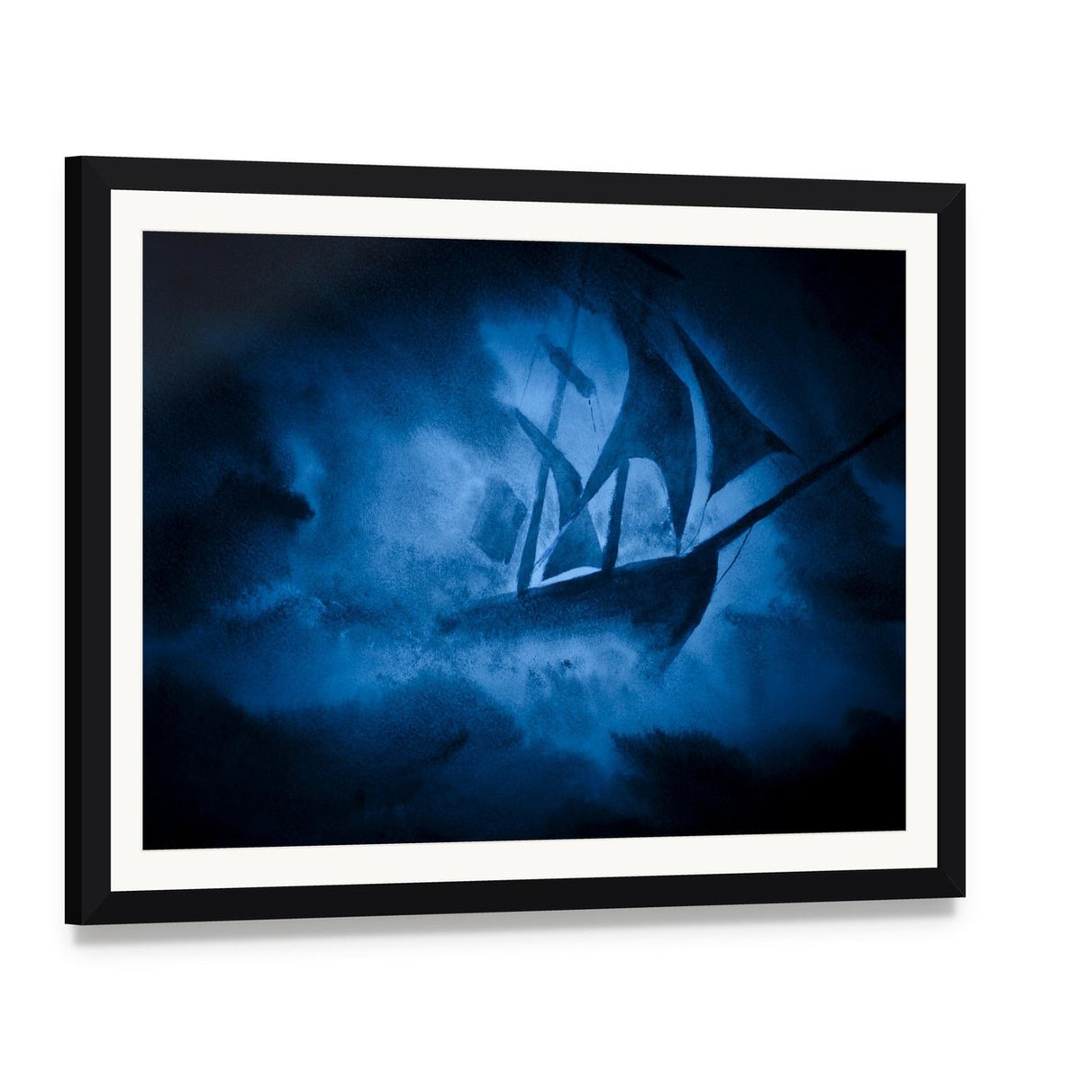 Tall Ship in Sea Storm Canvas Wall Art, framed print with white mat and black frame, angled product view