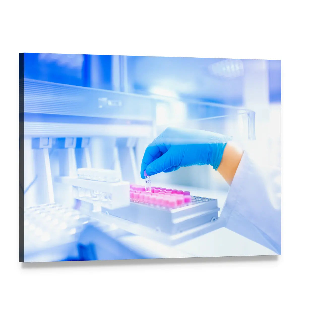 Hand Holding Vial in Medical Laboratory Canvas Wall Art, single panel gallery wrapped canvas, angled product view