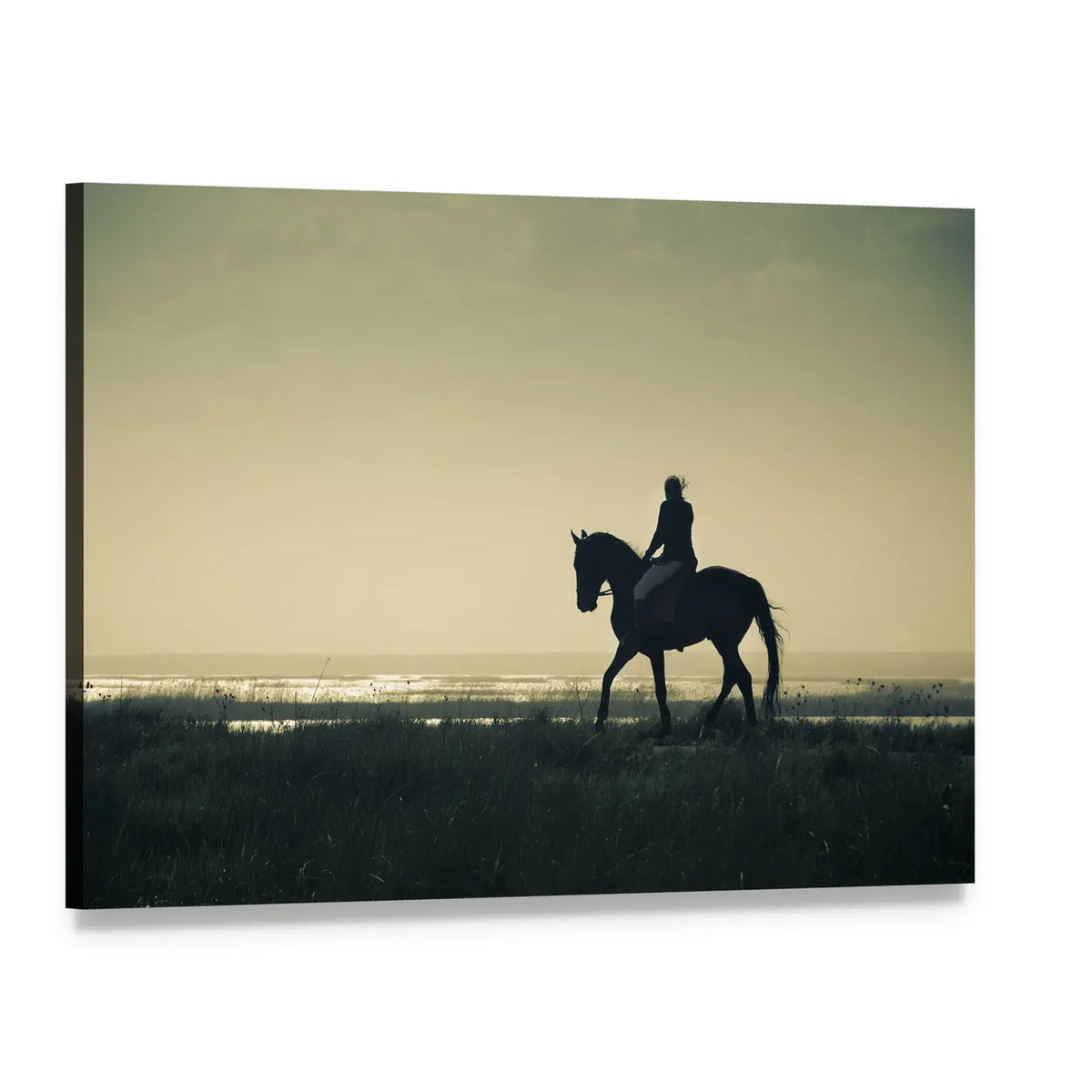 Rider Silhouette on Horseback Canvas Wall Art, single panel gallery wrapped canvas, angled product view