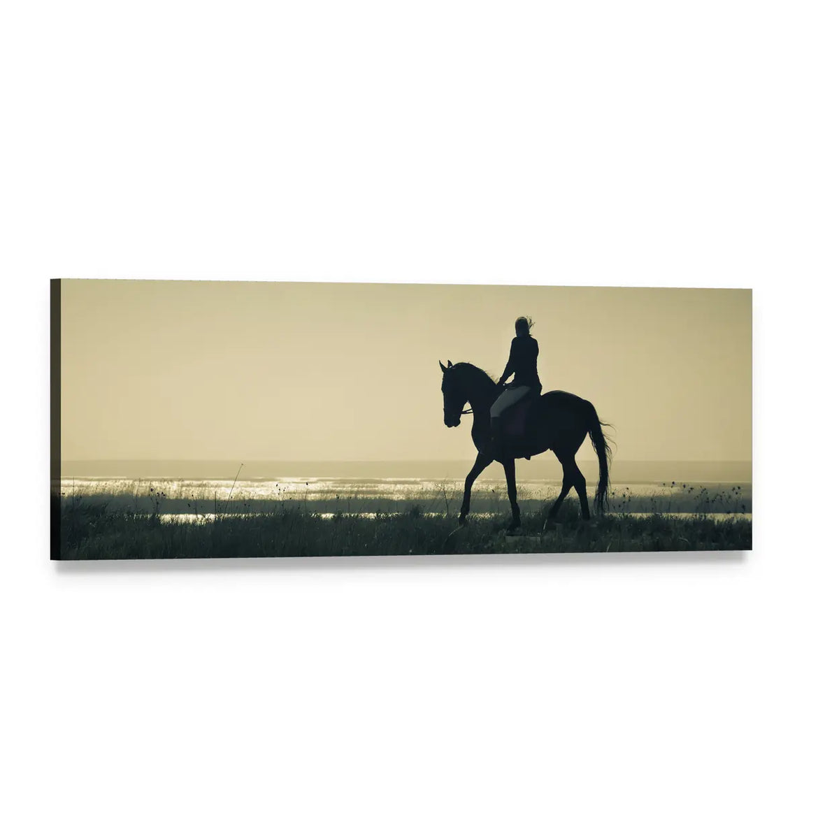 Horse and Rider Silhouette at Sunset Panoramic Canvas Wall Art, single panel gallery wrapped canvas, angled product view