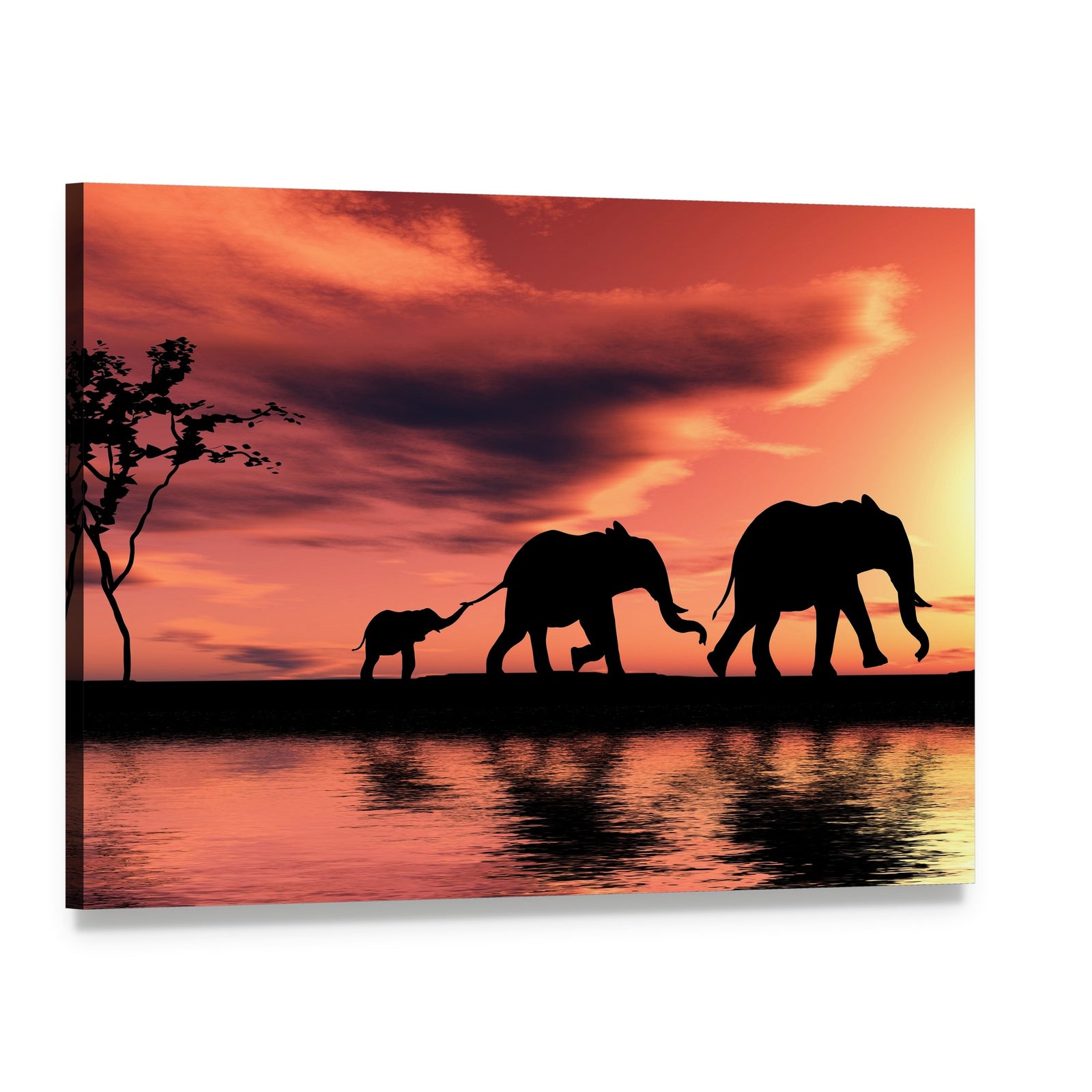 Elephant Family Silhouette Canvas Wall Art, single panel gallery wrapped canvas, angled product view