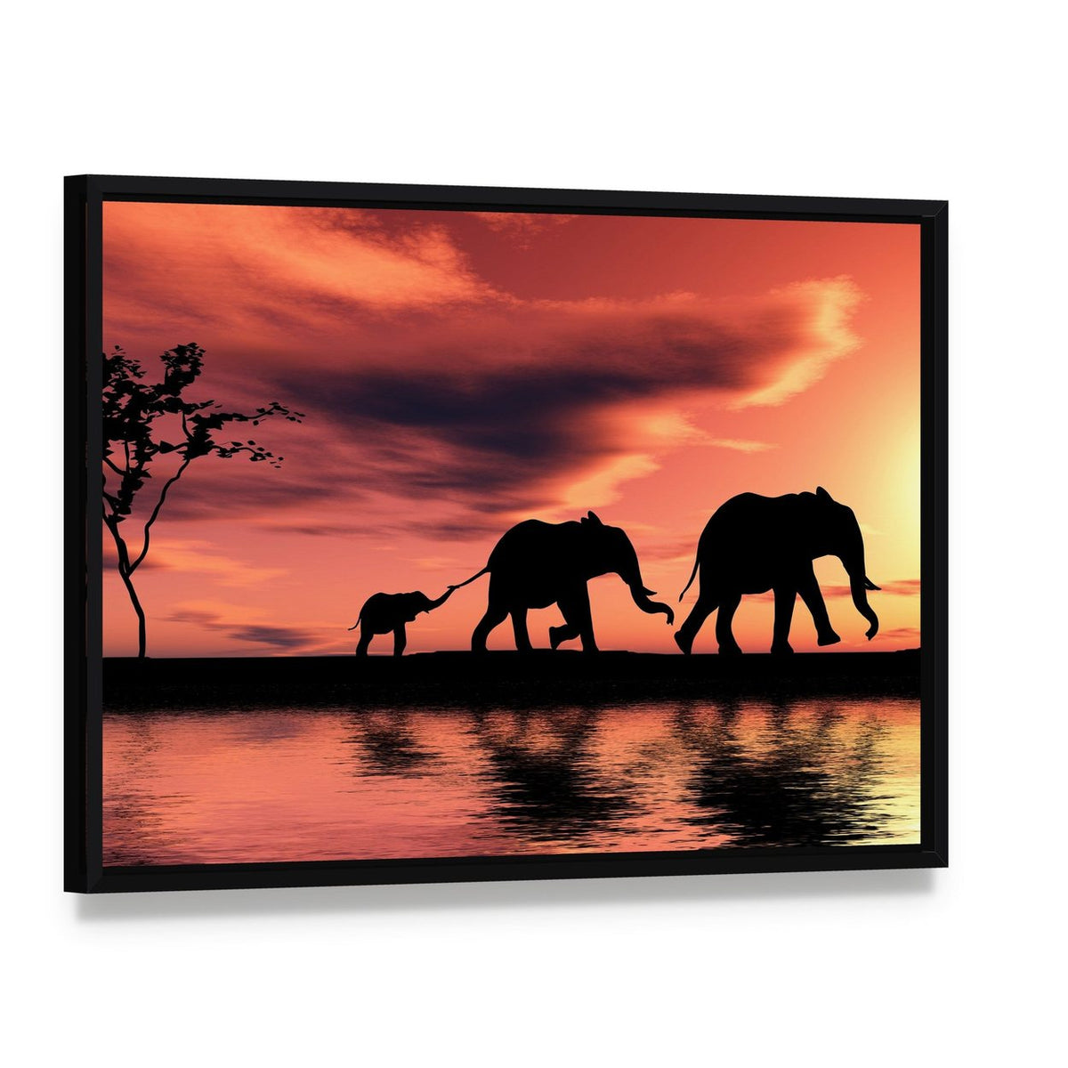 Elephant Family Silhouette Canvas Wall Art, framed canvas in a black floater frame, angled product view