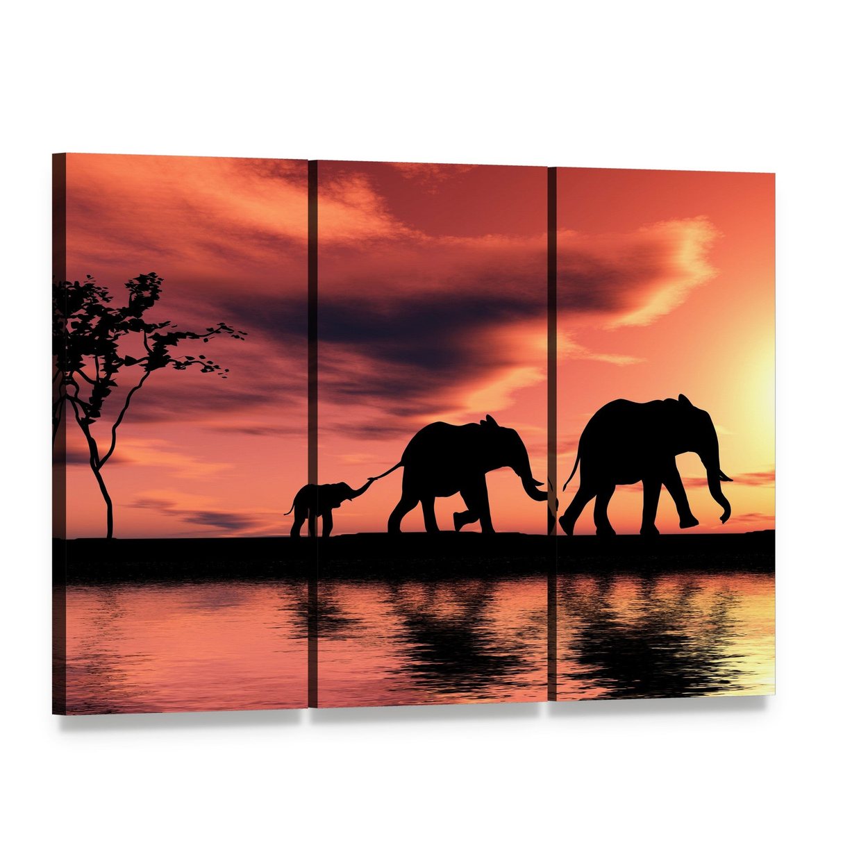Elephant Family Silhouette Canvas Wall Art, 3 panel 3 Horizontal layout gallery wrapped canvas set, angled product view