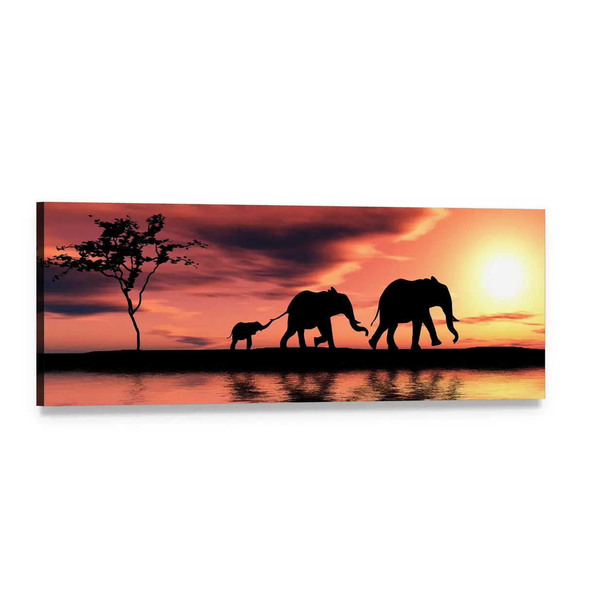 Elephant Family Silhouette at Sunset Panoramic Canvas Wall Art, single panel gallery wrapped canvas, angled product view