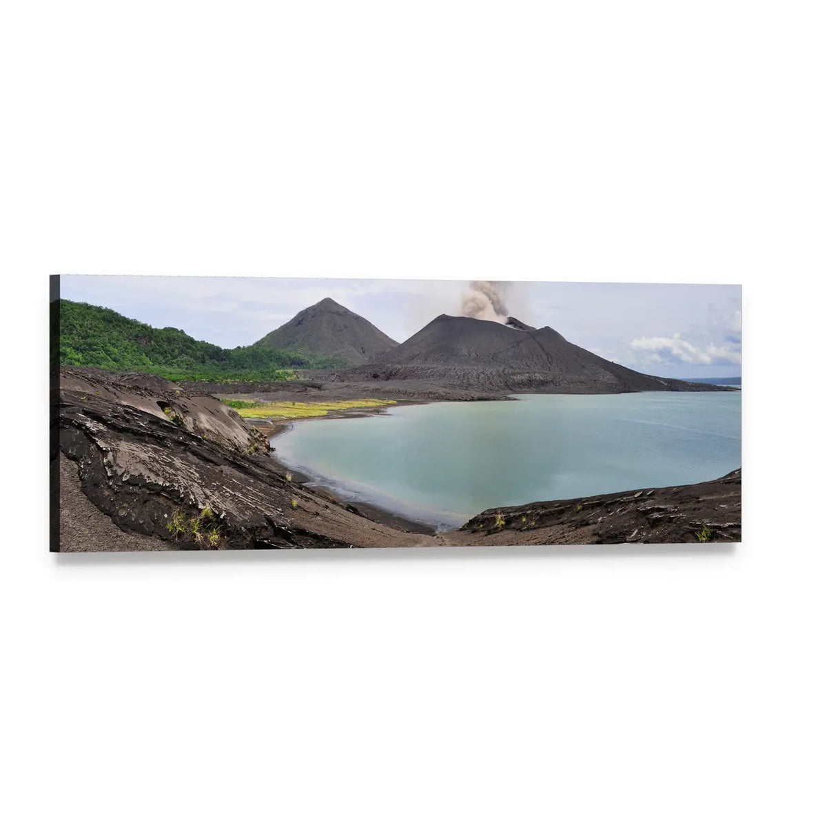 Tavurvur Volcano Over Turquoise Crater Lake Panoramic Canvas Wall Art, single panel gallery wrapped canvas, angled product view