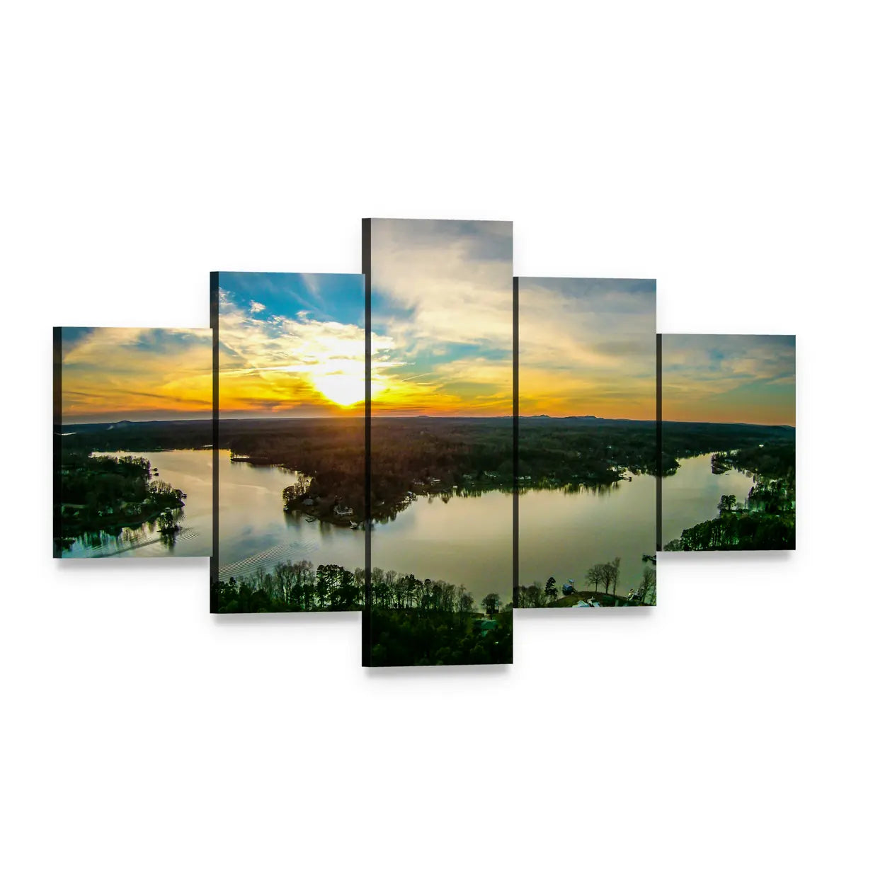 Sunset Over a Calm Lake Canvas Wall Art, 5 panel 5 Star layout gallery wrapped canvas set, angled product view