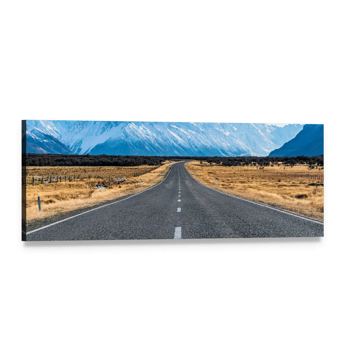 Long Road to Snow-capped Peaks Panoramic Canvas Wall Art, single panel gallery wrapped canvas, angled product view