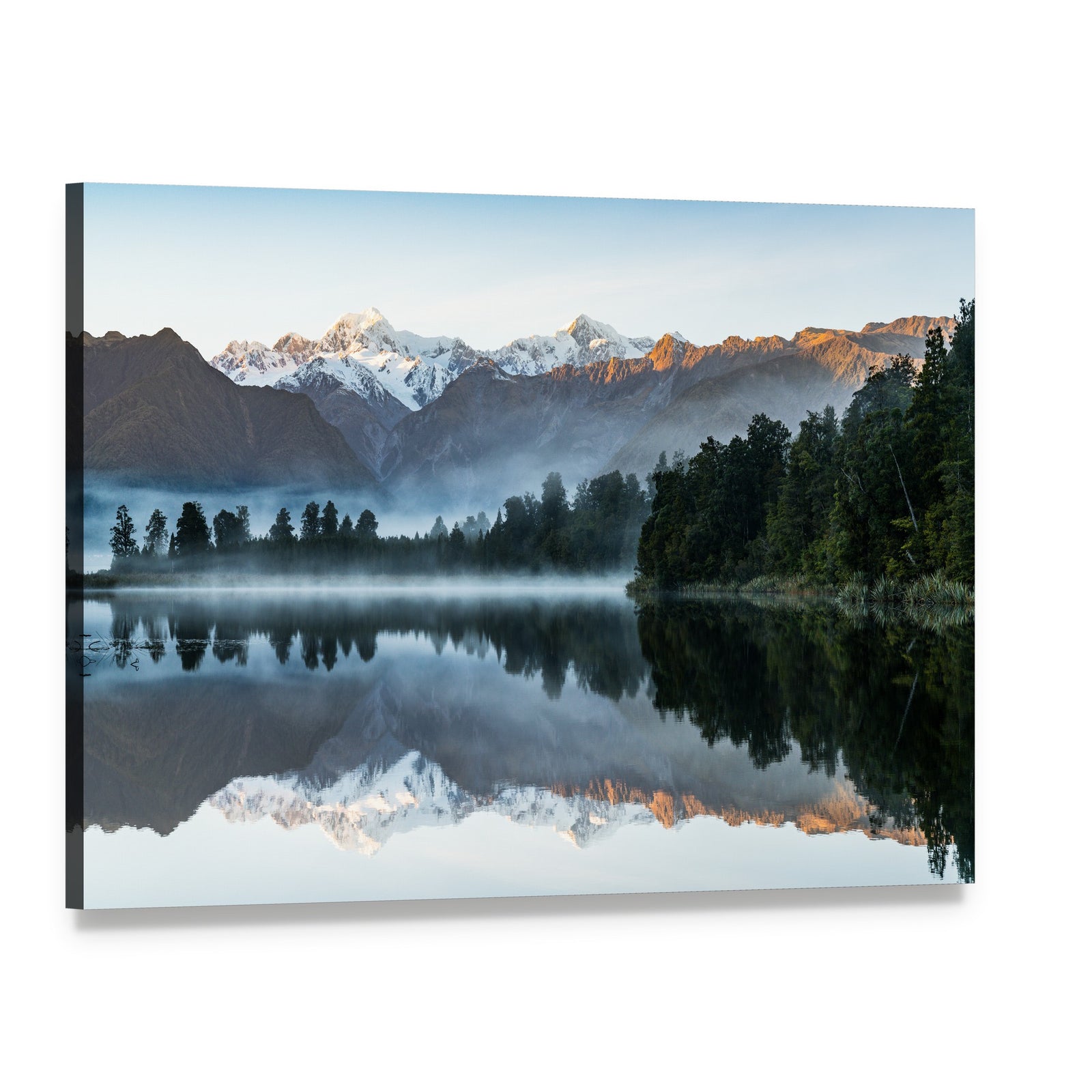 Mountains Reflection in Lake Canvas Wall Art, single panel gallery wrapped canvas, angled product view