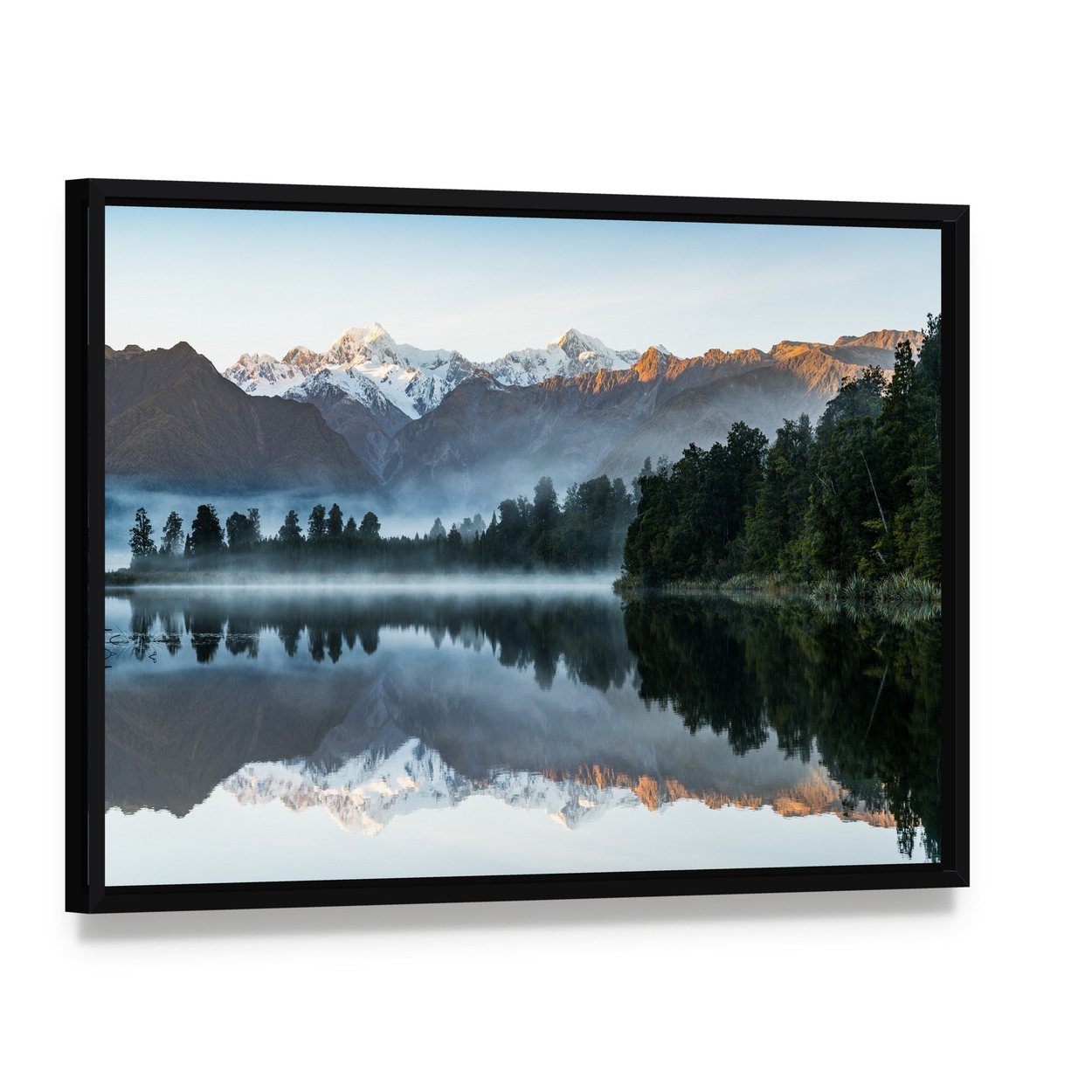 Mountains Reflection in Lake Canvas Wall Art, framed canvas in a black floater frame, angled product view