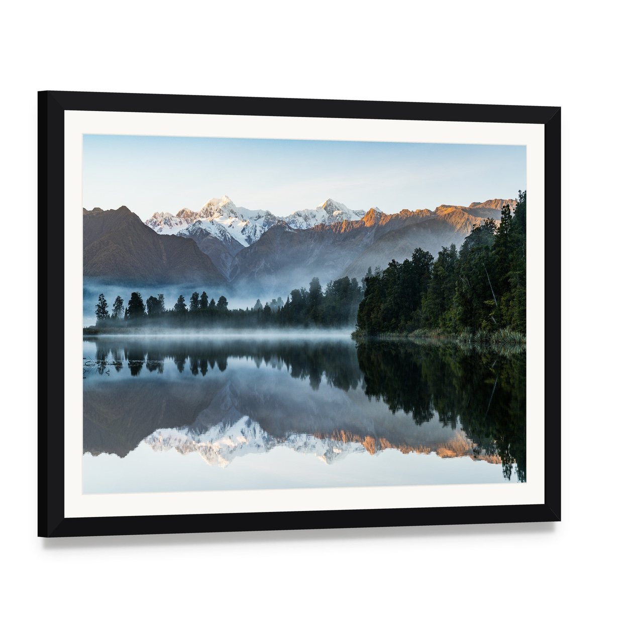 Mountains Reflection in Lake Canvas Wall Art, framed print with white mat and black frame, angled product view