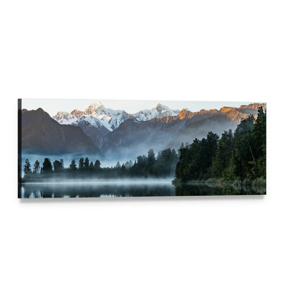 Snow-capped Mountains Reflected in Lake Panoramic Canvas Wall Art, single panel gallery wrapped canvas, angled product view