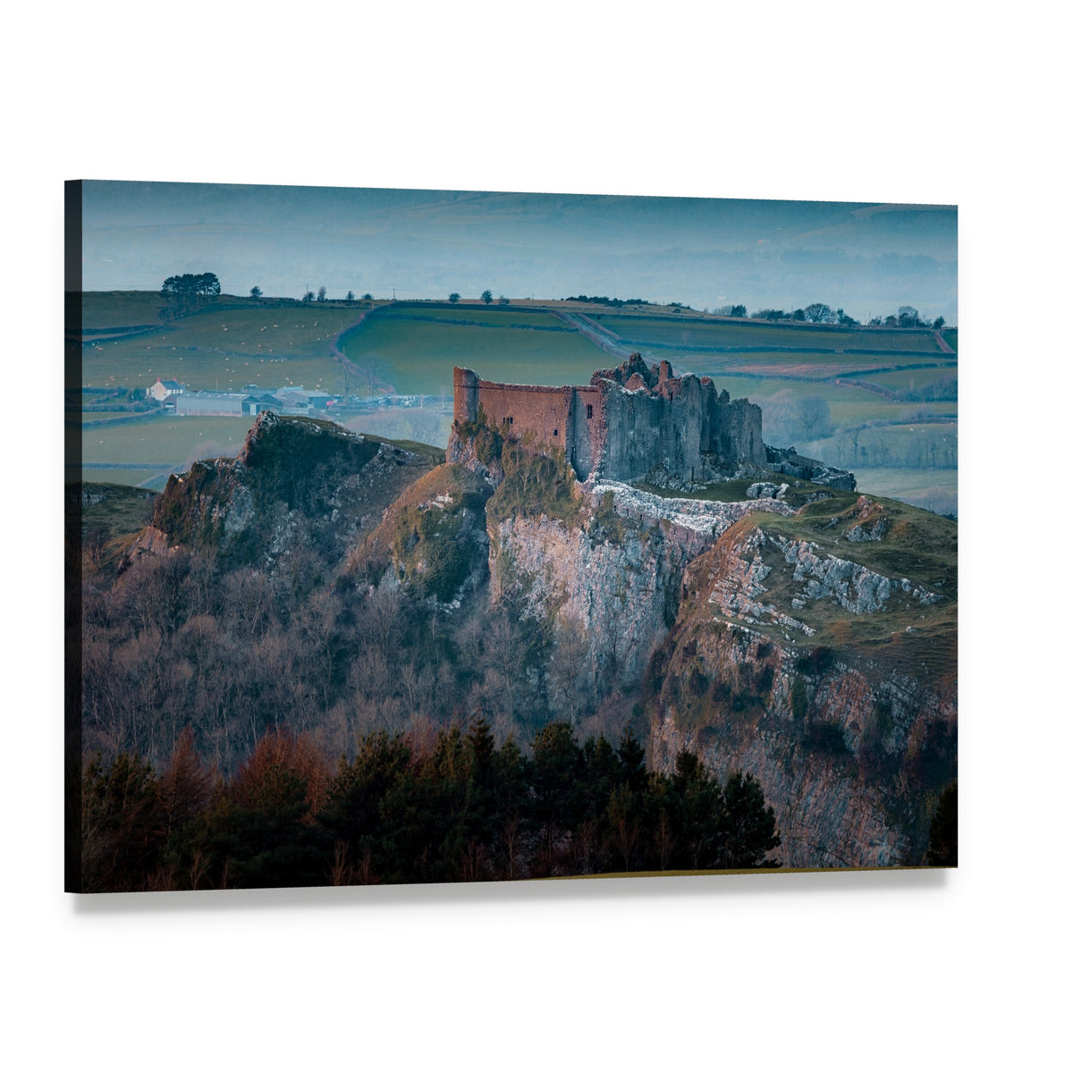 Carreg Cennen Castle Ruins on Cliffs Canvas Wall Art, single panel gallery wrapped canvas, angled product view