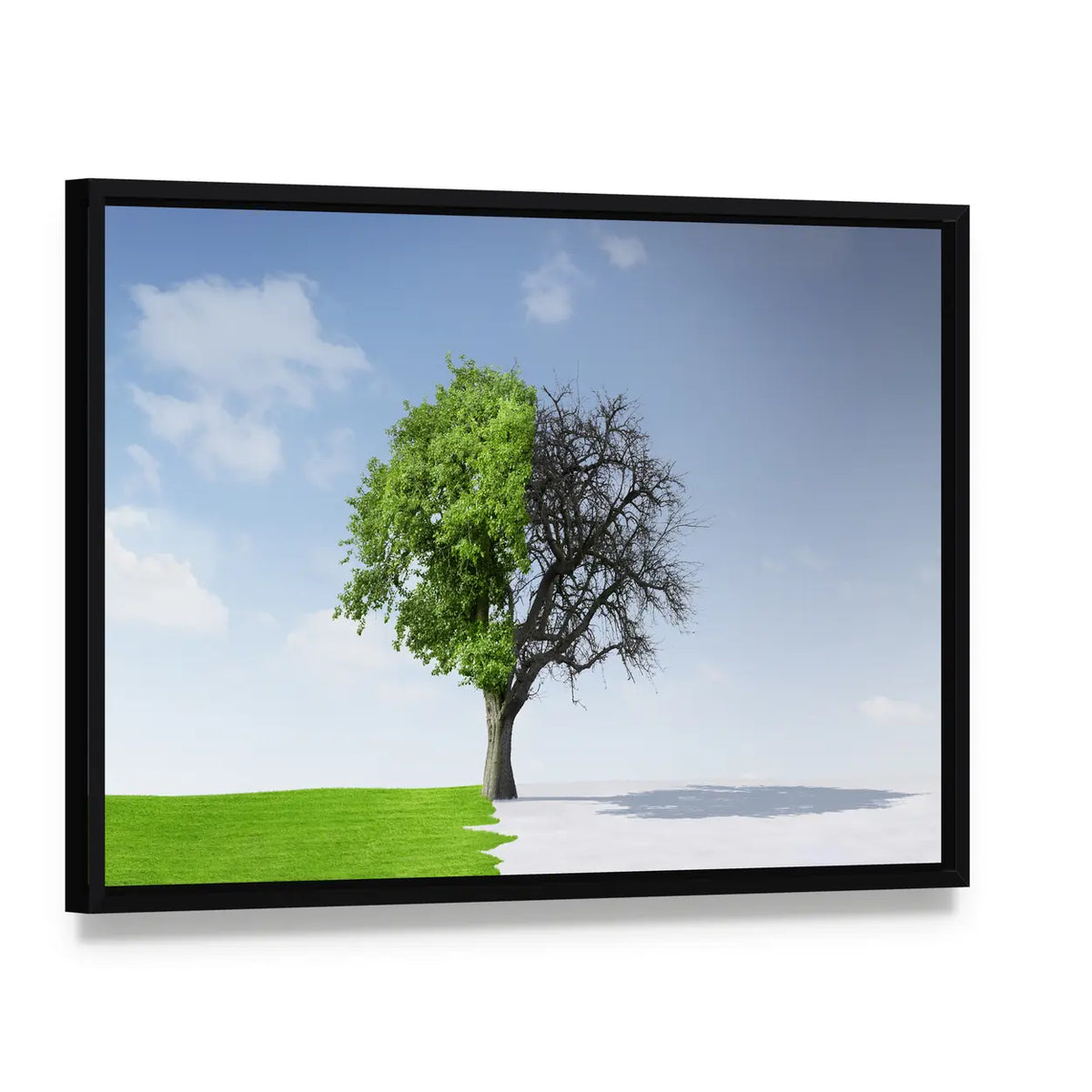 Summer To Winter Concept Canvas Wall Art, framed canvas in a black floater frame, angled product view