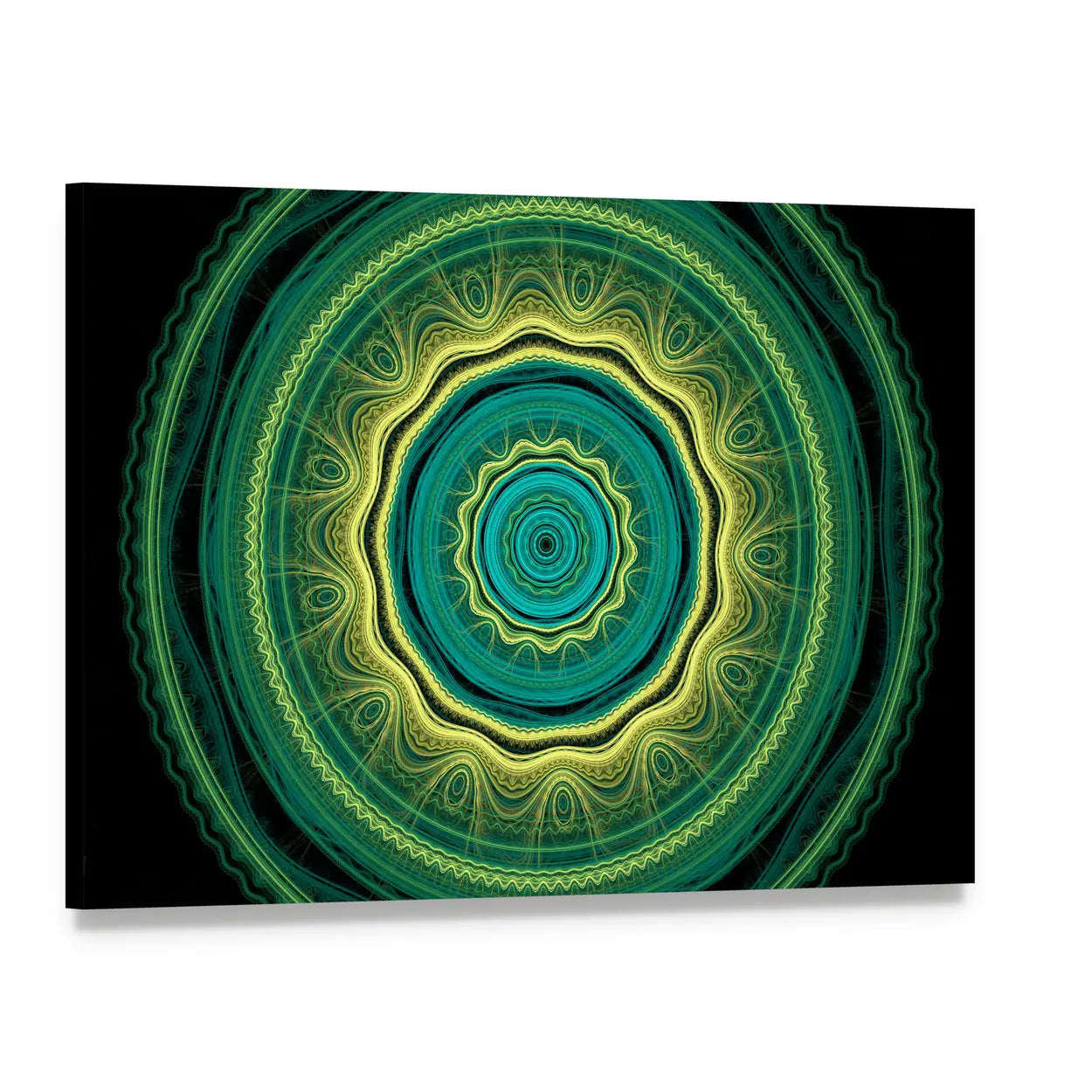 Green Mandala Flower Canvas Wall Art, single panel gallery wrapped canvas, angled product view