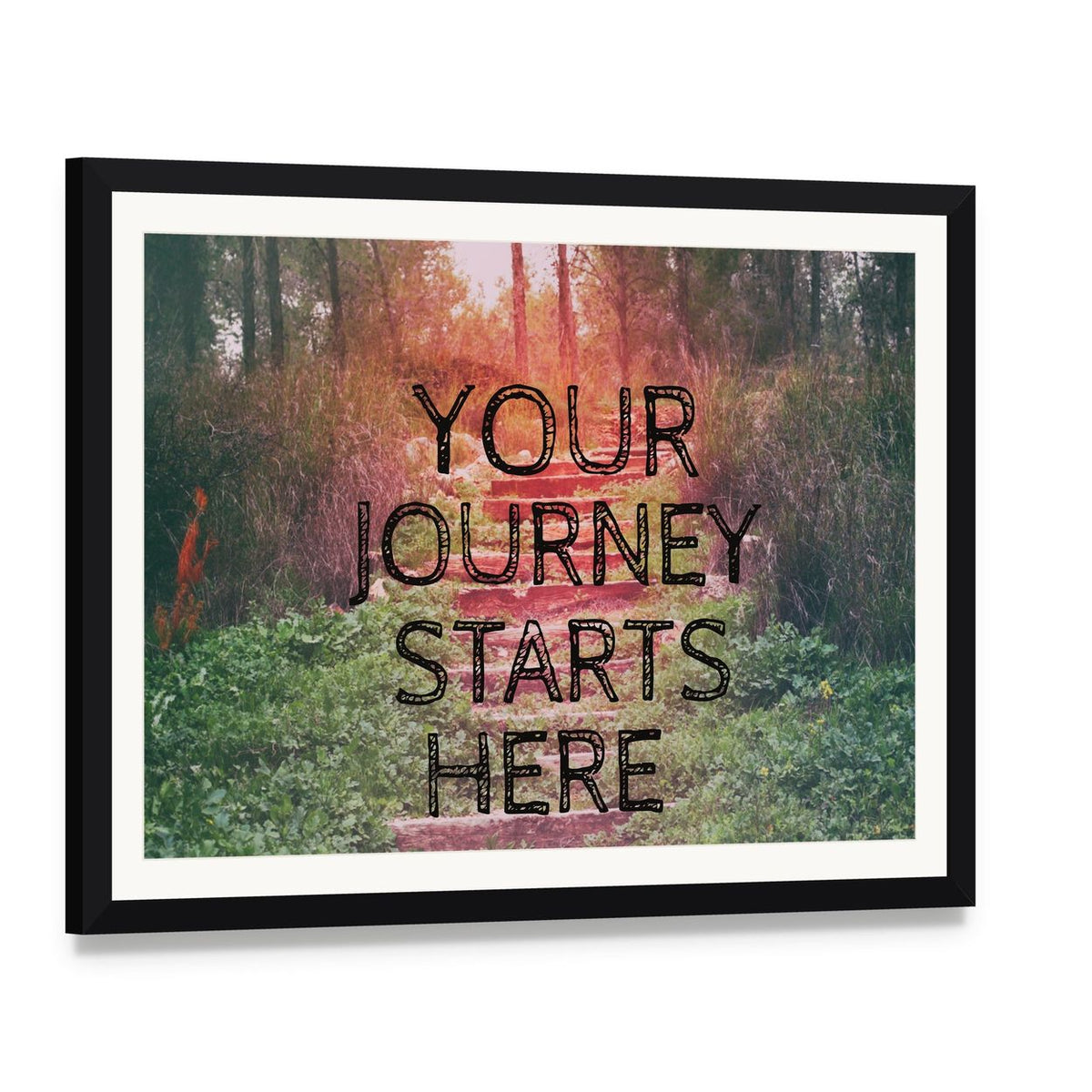 Your Journey Starts Here Forest Path Quote Canvas Wall Art, framed print with white mat and black frame, angled product view