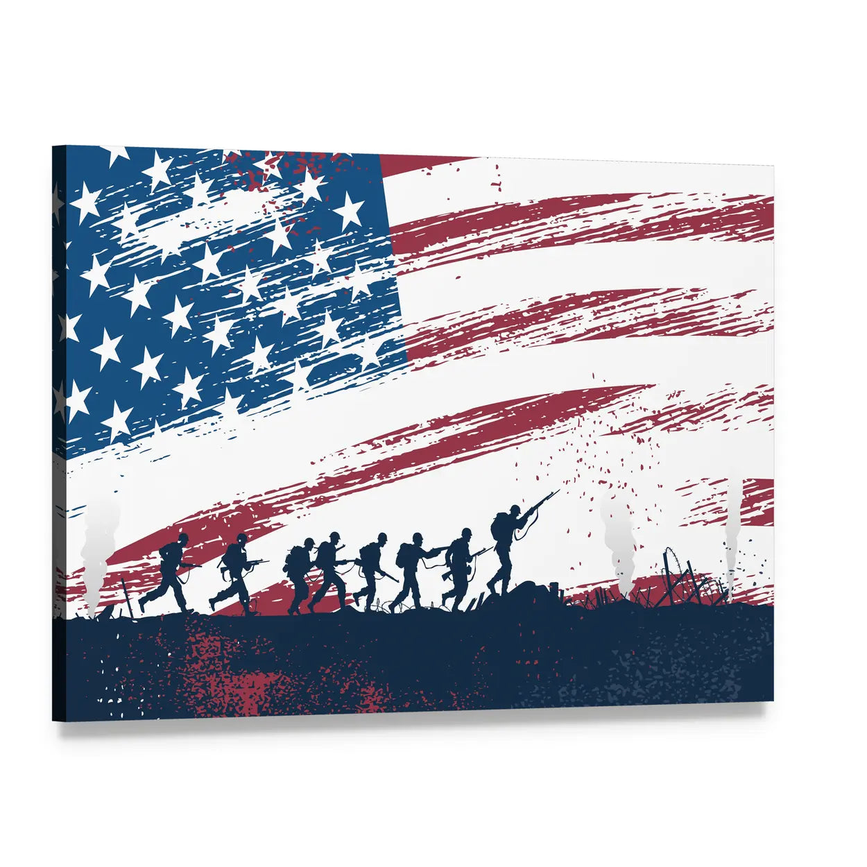 Soldier Silhouettes with Distressed American Flag Canvas Wall Art, single panel gallery wrapped canvas, angled product view