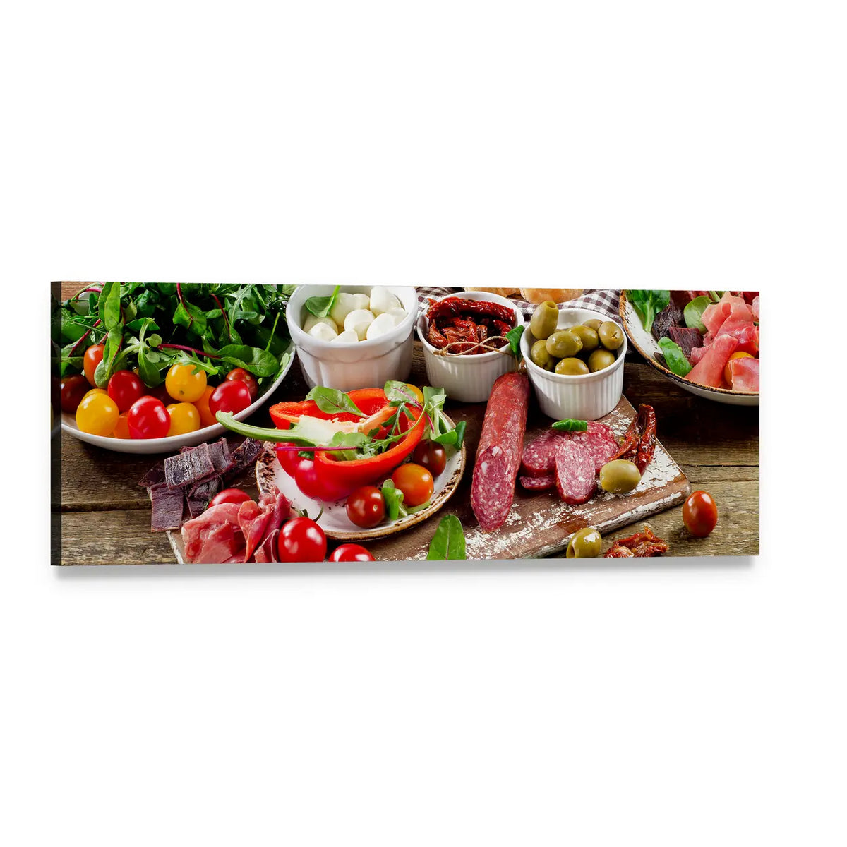 Mediterranean Antipasto on Weathered Wood Panoramic Canvas Wall Art, single panel gallery wrapped canvas, angled product view