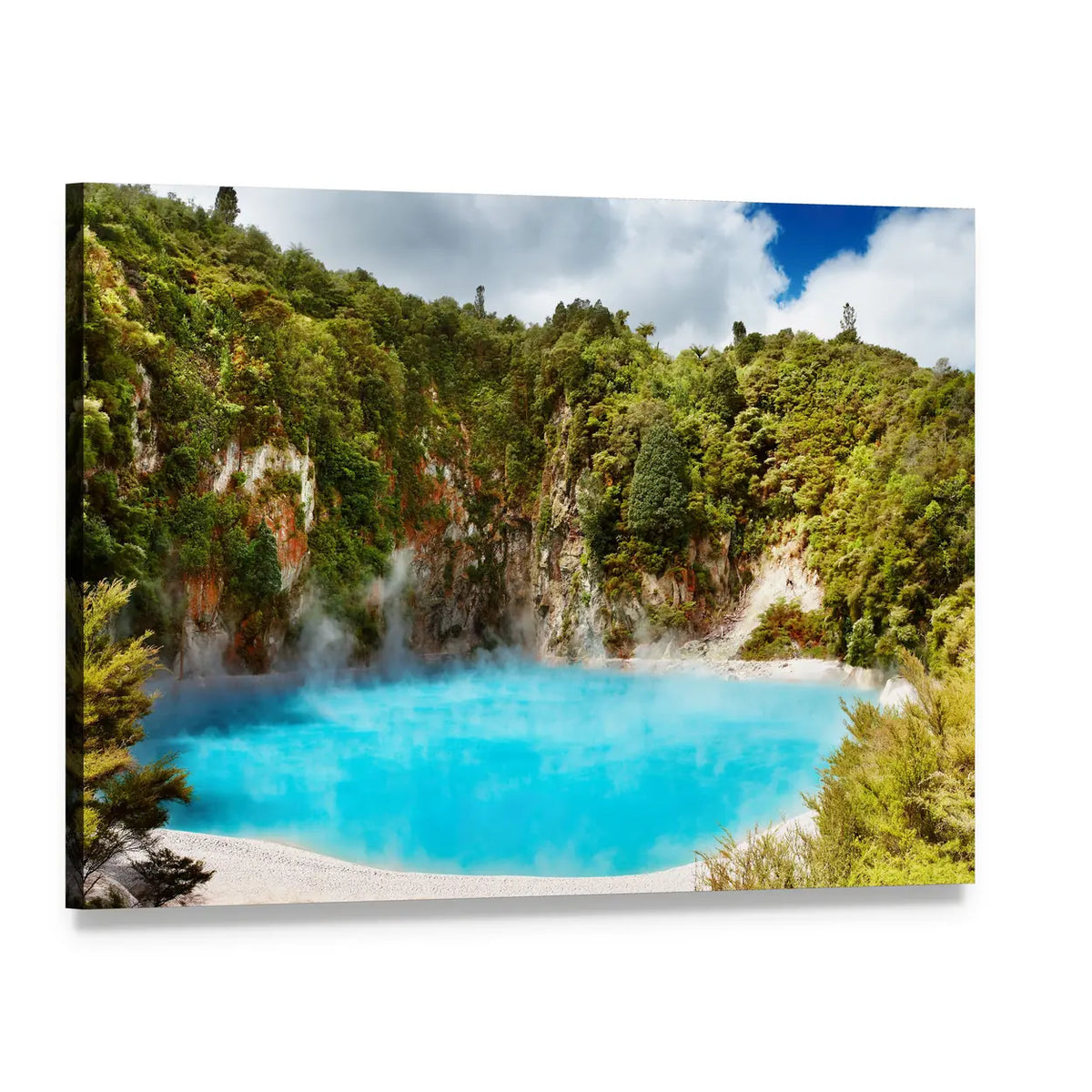 Inferno Crater Lake Canvas Wall Art, single panel gallery wrapped canvas, angled product view