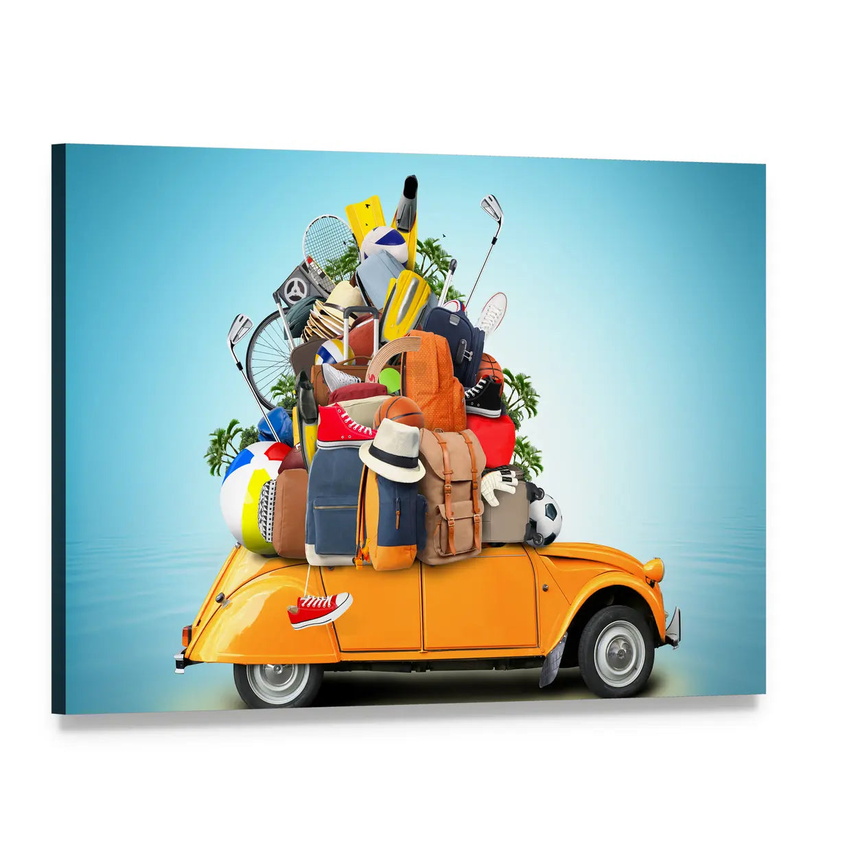 Yellow-orange 2cv with Overloaded Luggage Canvas Wall Art, single panel gallery wrapped canvas, angled product view