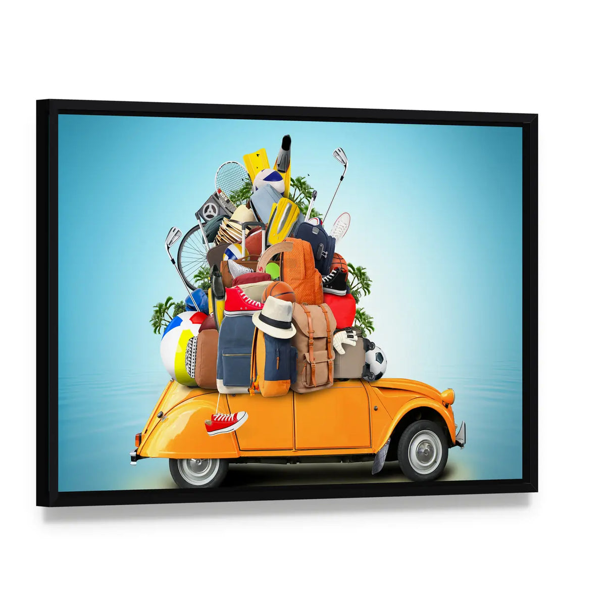 Yellow-orange 2cv with Overloaded Luggage Canvas Wall Art, framed canvas in a black floater frame, angled product view