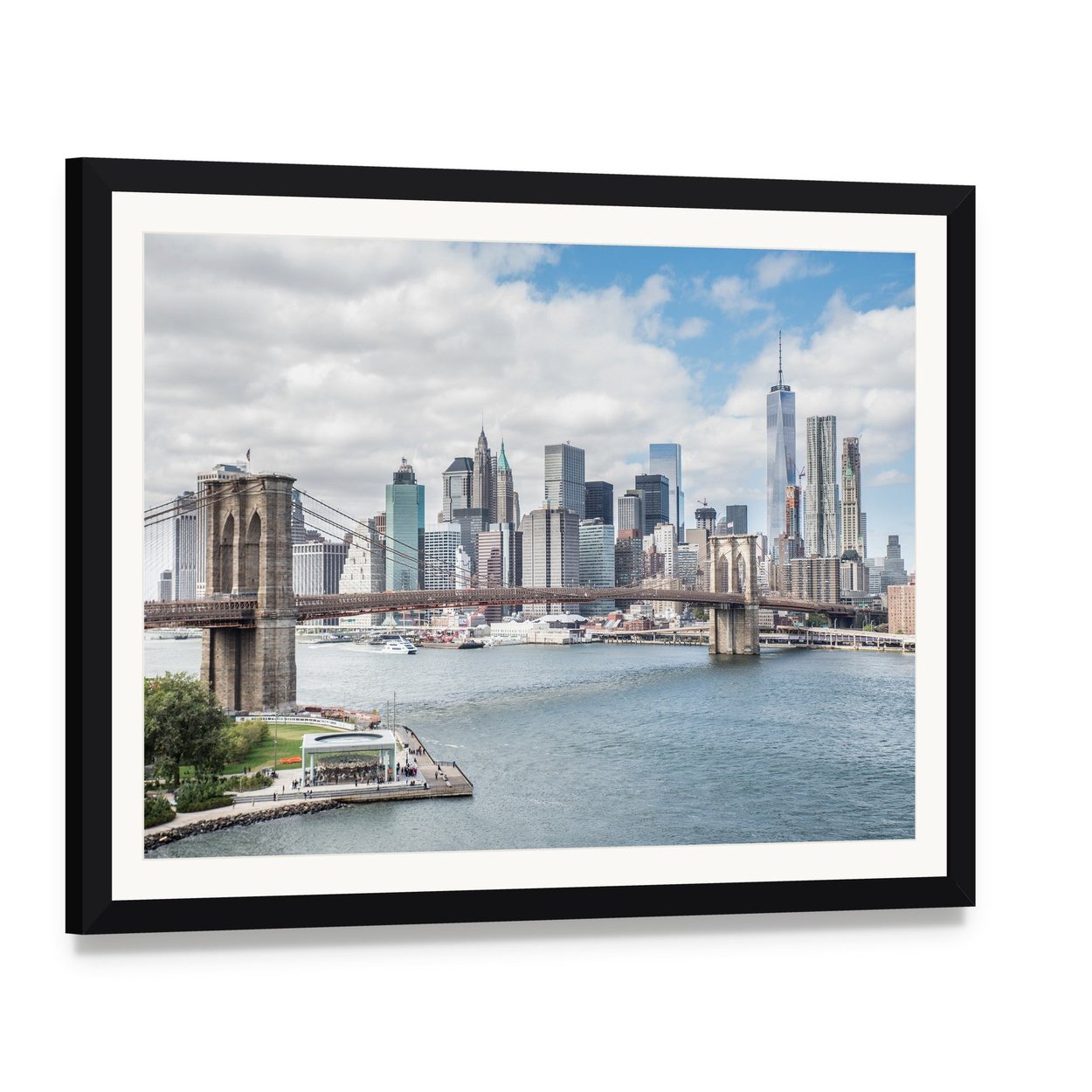 Brooklyn Bridge Ny Canvas Wall Art, framed print with white mat and black frame, angled product view
